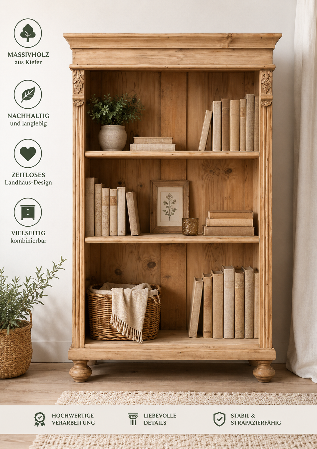 Massivholz Regal Landhausstil | Handgefertigt aus Weichholz | Wohnpalast