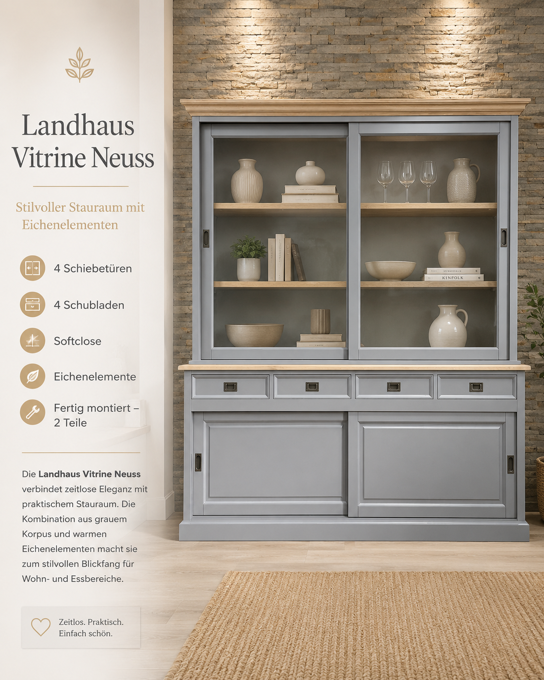 Vitrinen Schrank Neuss grau/eiche ab 120cm - Buffetschrank Größen & Varianten wählbar