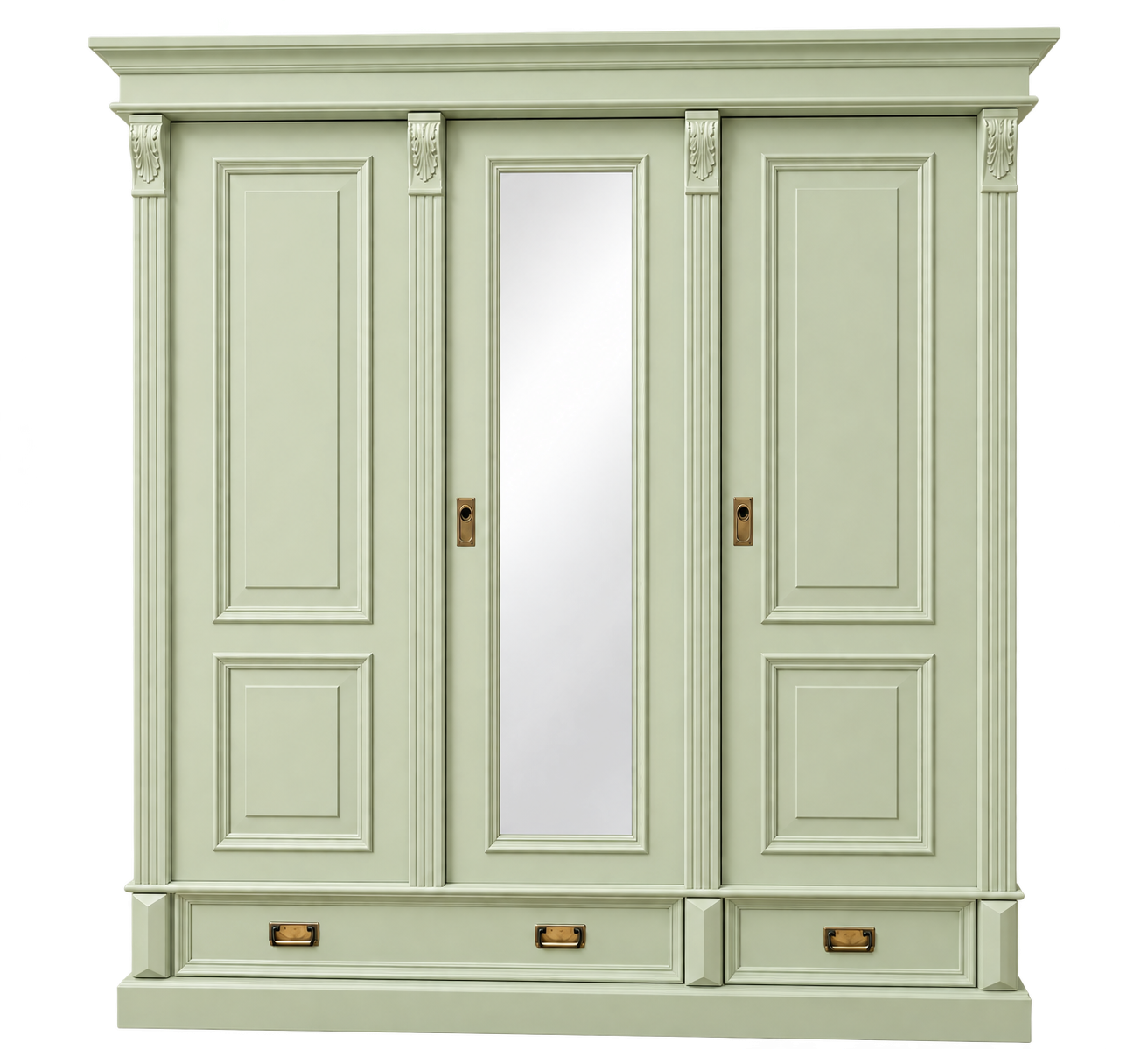 Premium 3-türiger Kleiderschrank Weißgrün – Weichholz, Landhausstil, mit Spiegel & 3 Schubladen