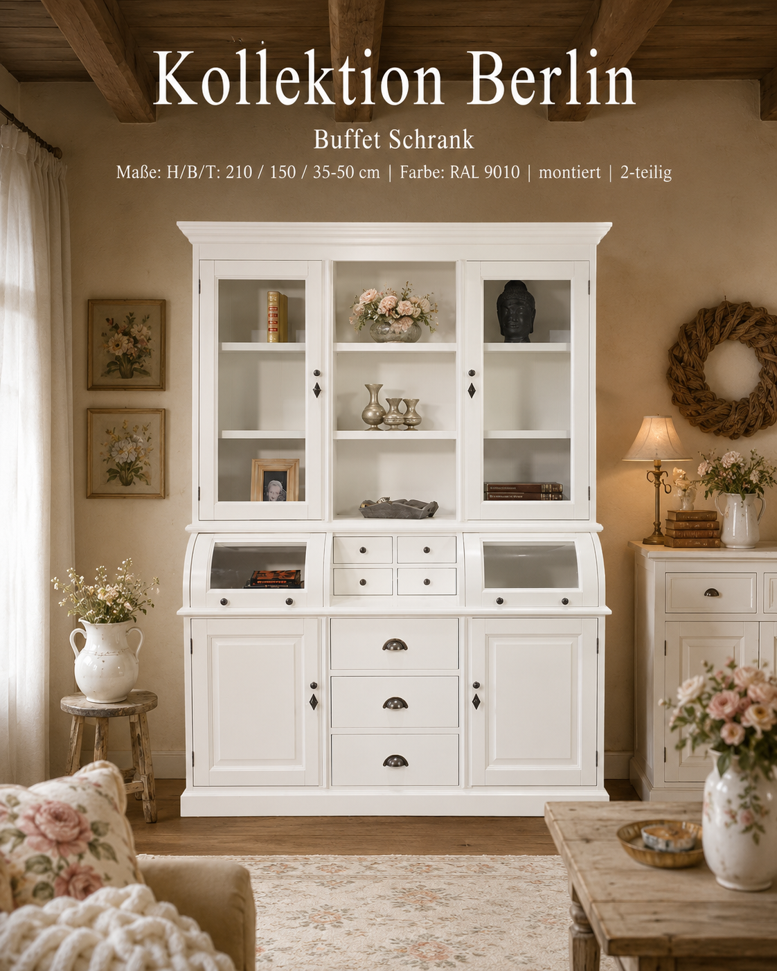 Buffet Schrank Berlin 150 cm weiß Landhaus - Stil