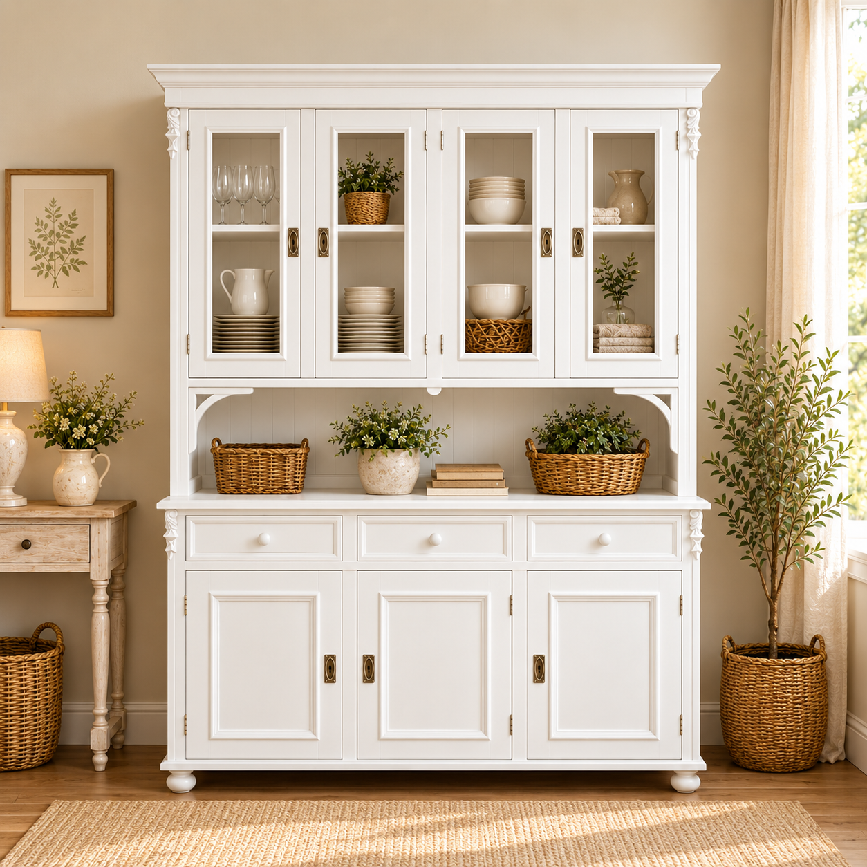 Buffetschrank Landhaus weiß 160 cm aus massivem Weichholz Vitrinenschrank