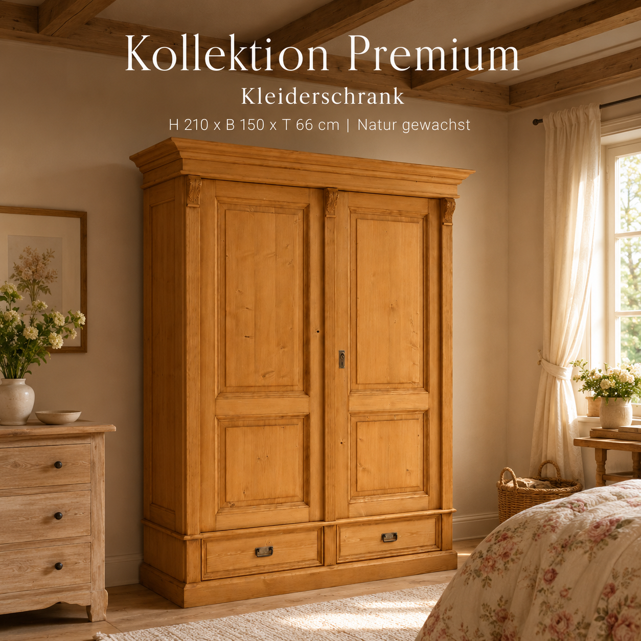 Premium 2-türiger Kleiderschrank gewachst– Weichholz, Landhausstil