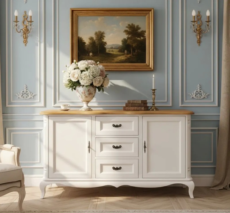 Romantisches Sideboard aus massivem Holz l – 158 cm Anrichte mit Eichenplatte