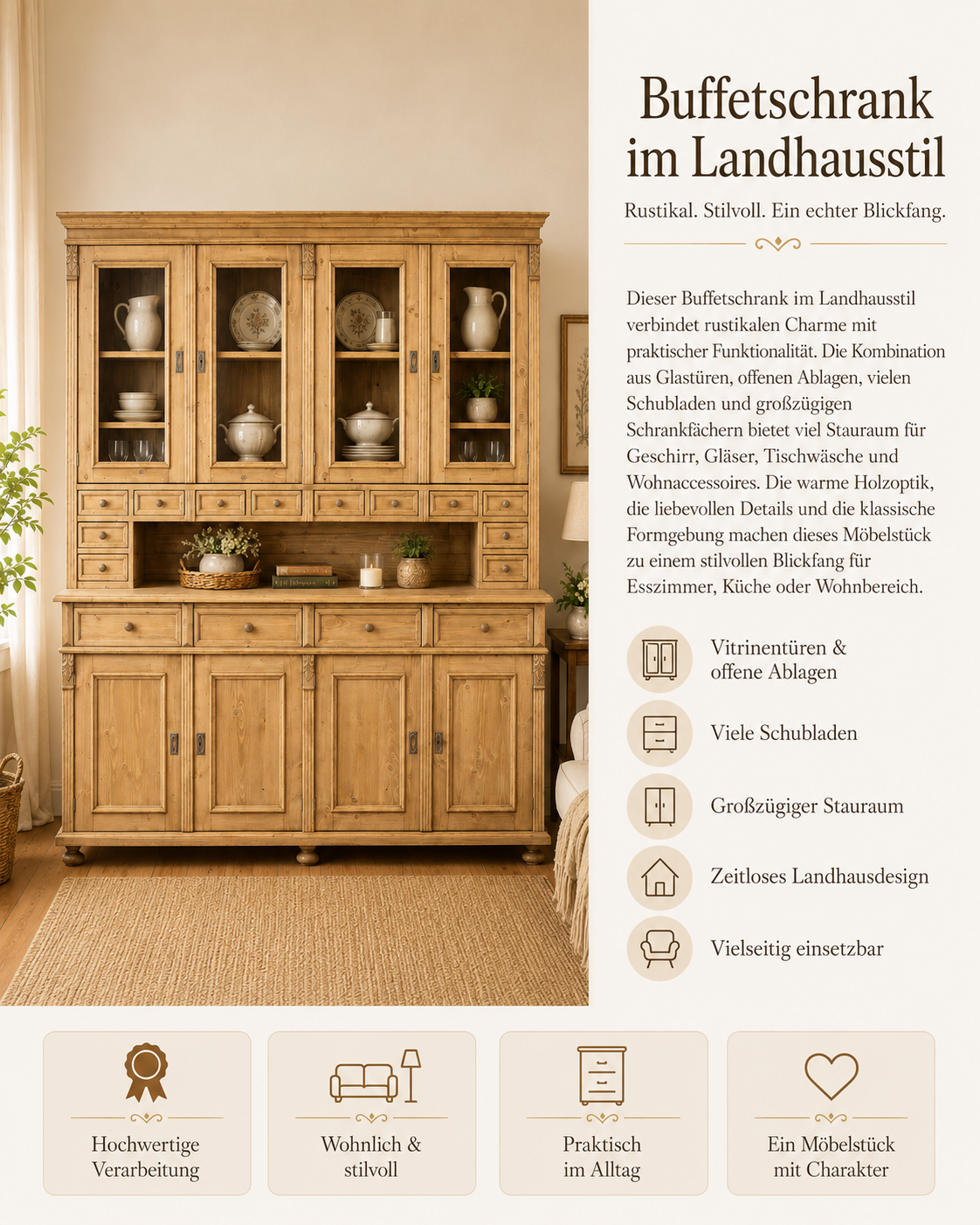 Landhaus Buffet Schrank - Massivholz Kredenz