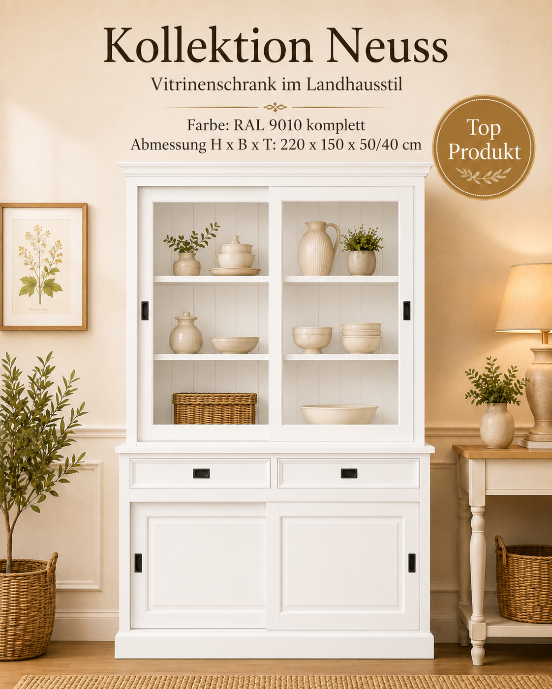 Landhaus Vitrinenschrank Neuss 150 cm Weiß Buffetschrank