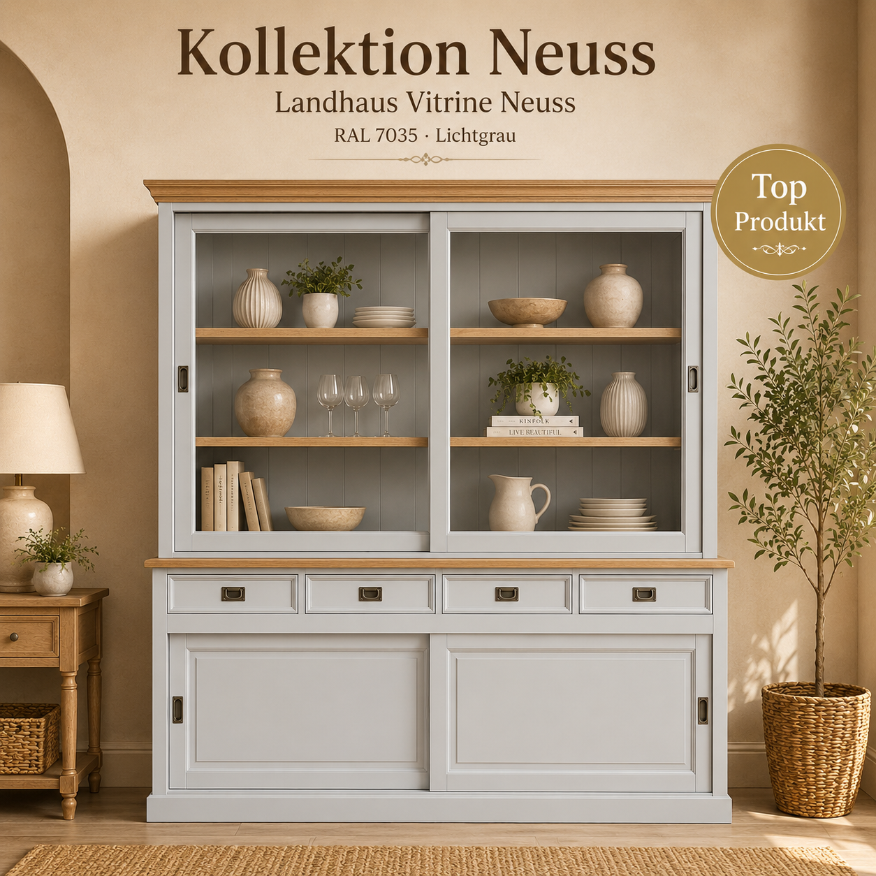 Vitrinen Schrank Neuss lichtgrau/eiche 200 cm - Glasvitrine Wohnzimmer Vitrine