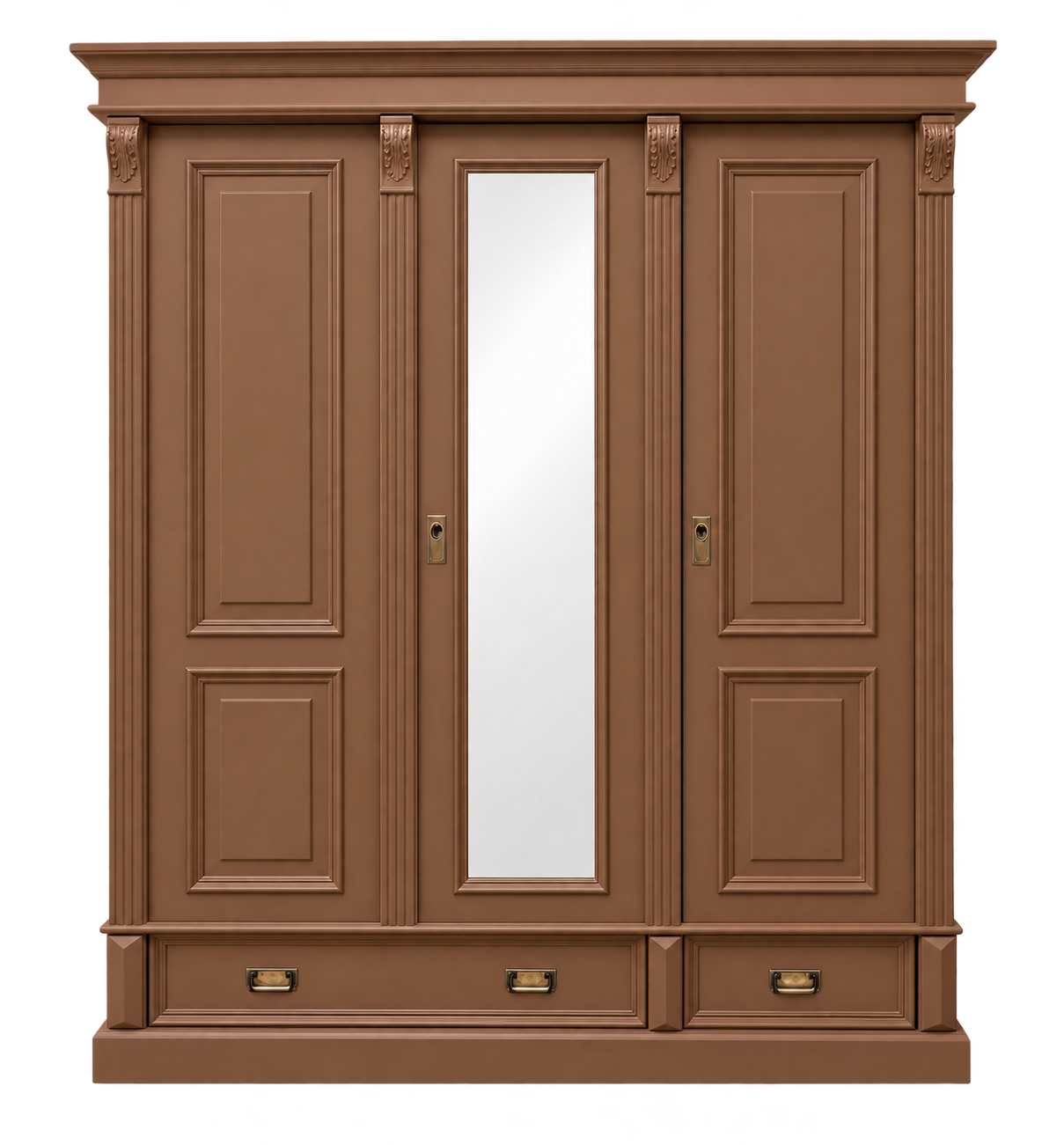 Premium 3-türiger Kleiderschrank beigebraun – Weichholz, Landhausstil, mit Spiegel & 3 Schubladen