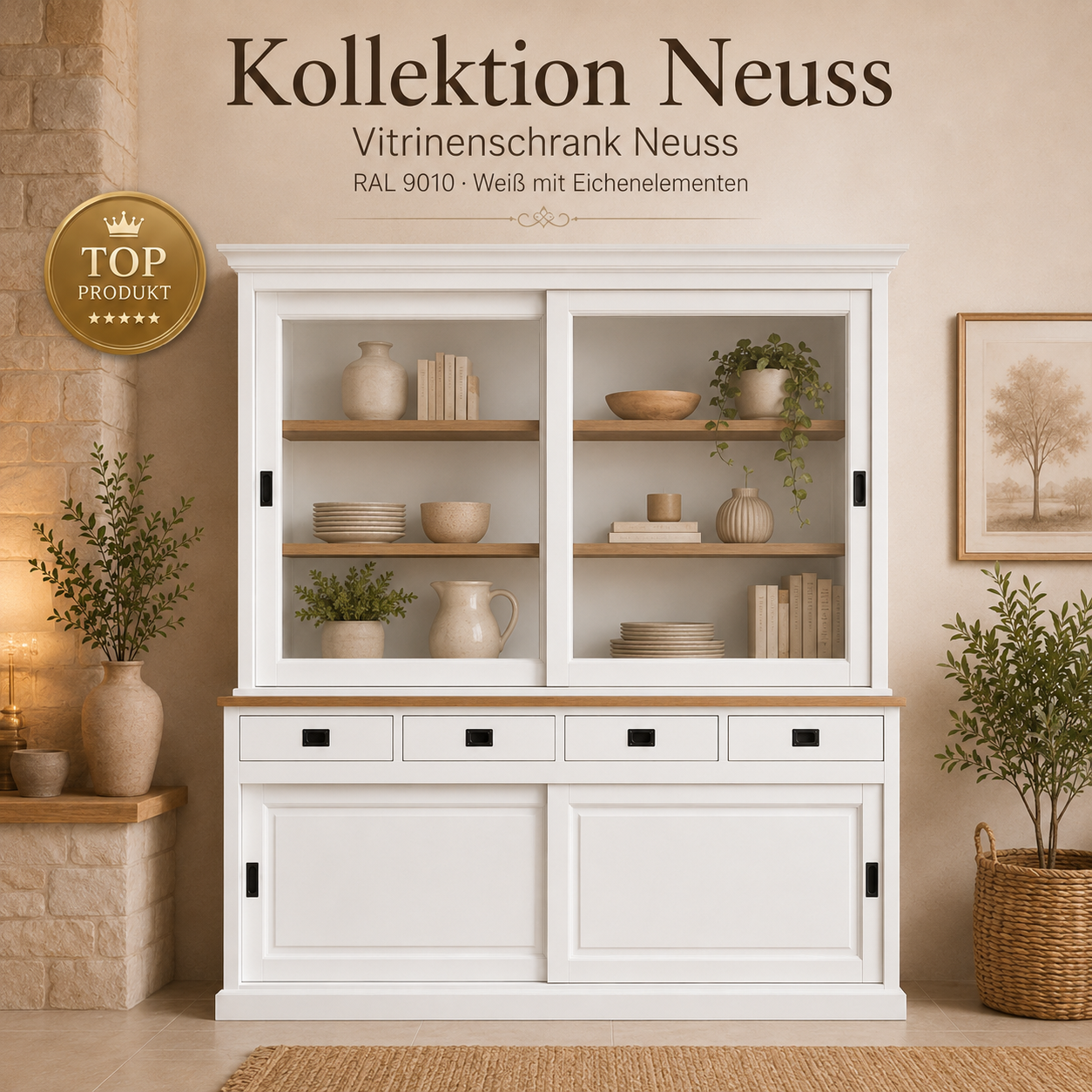 Vitrinenschrank Neuss 200 cm weiß mit Eiche – Landhaus Buffetschrank