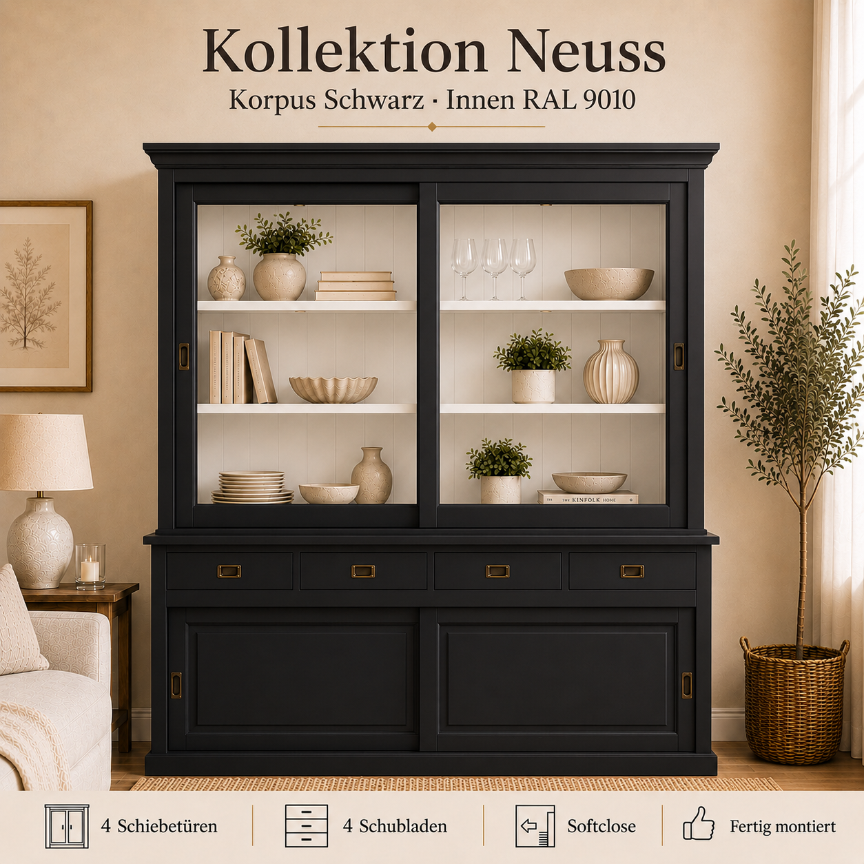 Vitrinen Schrank Neuss 180 cm Schwarz-Weiß - Vitrine mit Schiebetüren