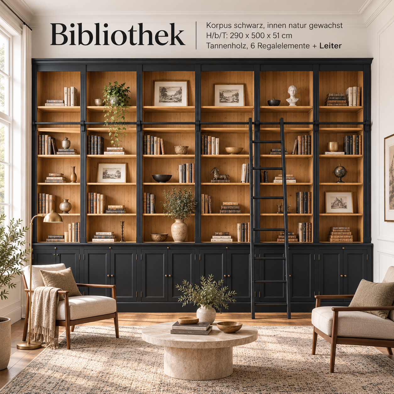 Bibliothekswand Bücherregal Massivholz 500 cm x 290 cm