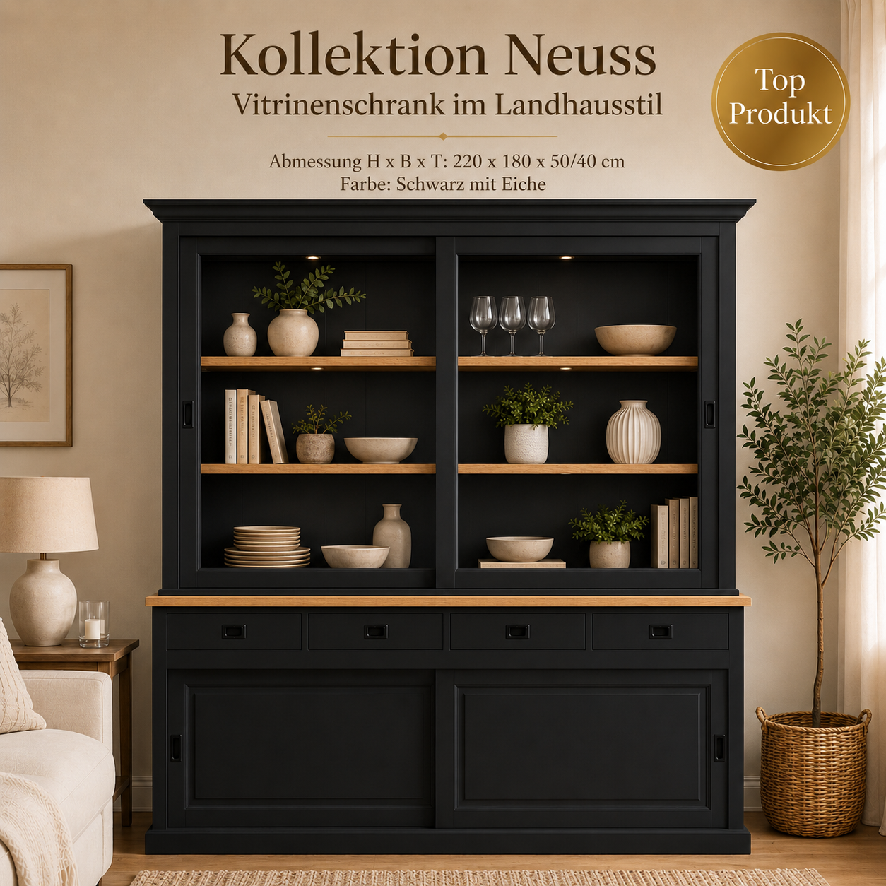 Vitrinenschrank Neuss 180 cm schwarz mit Eiche – Landhaus Schrank