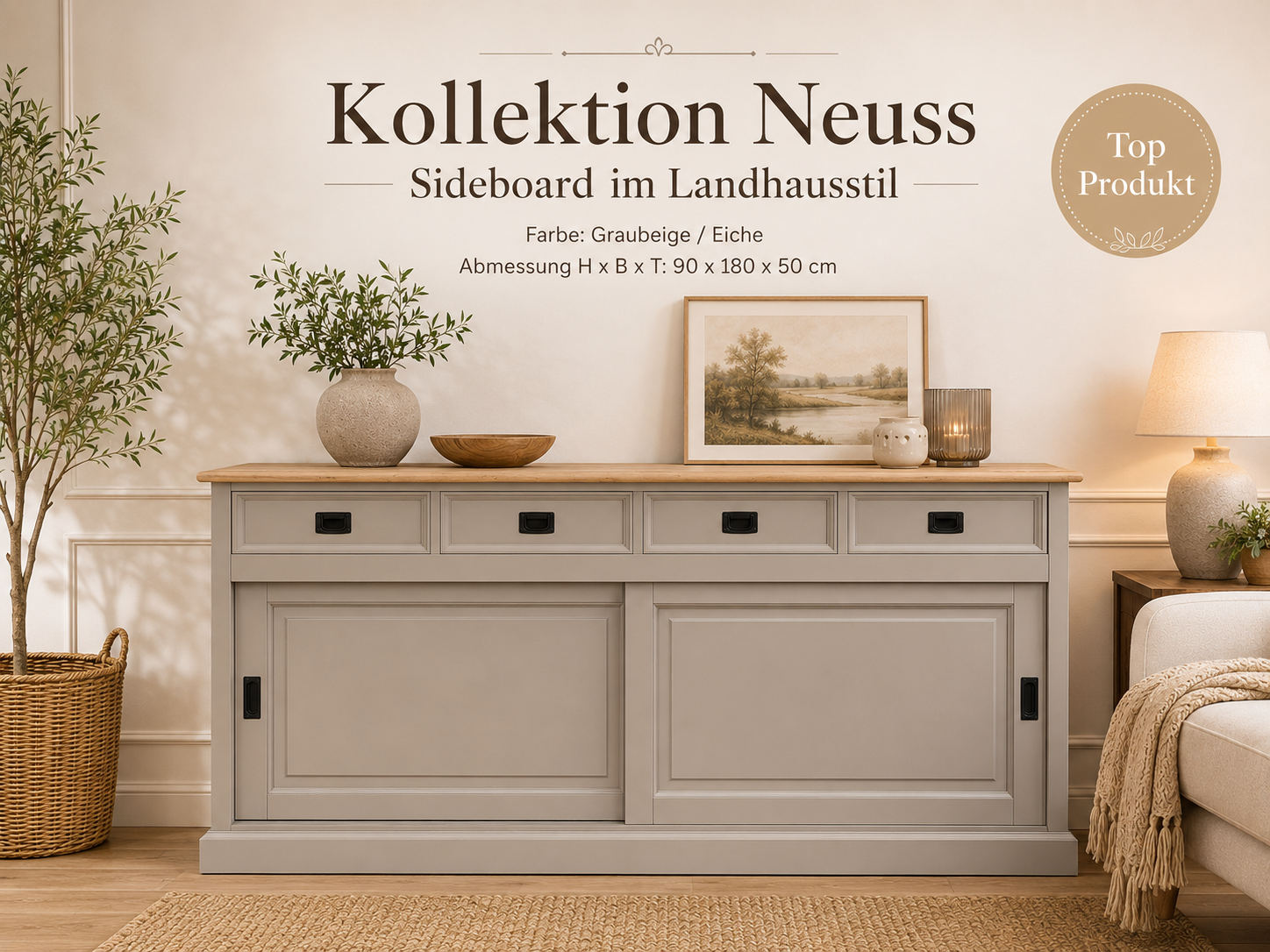 Sideboard Neuss graubeige/eiche 180 cm mit Schiebetüren im Landhaus Stil