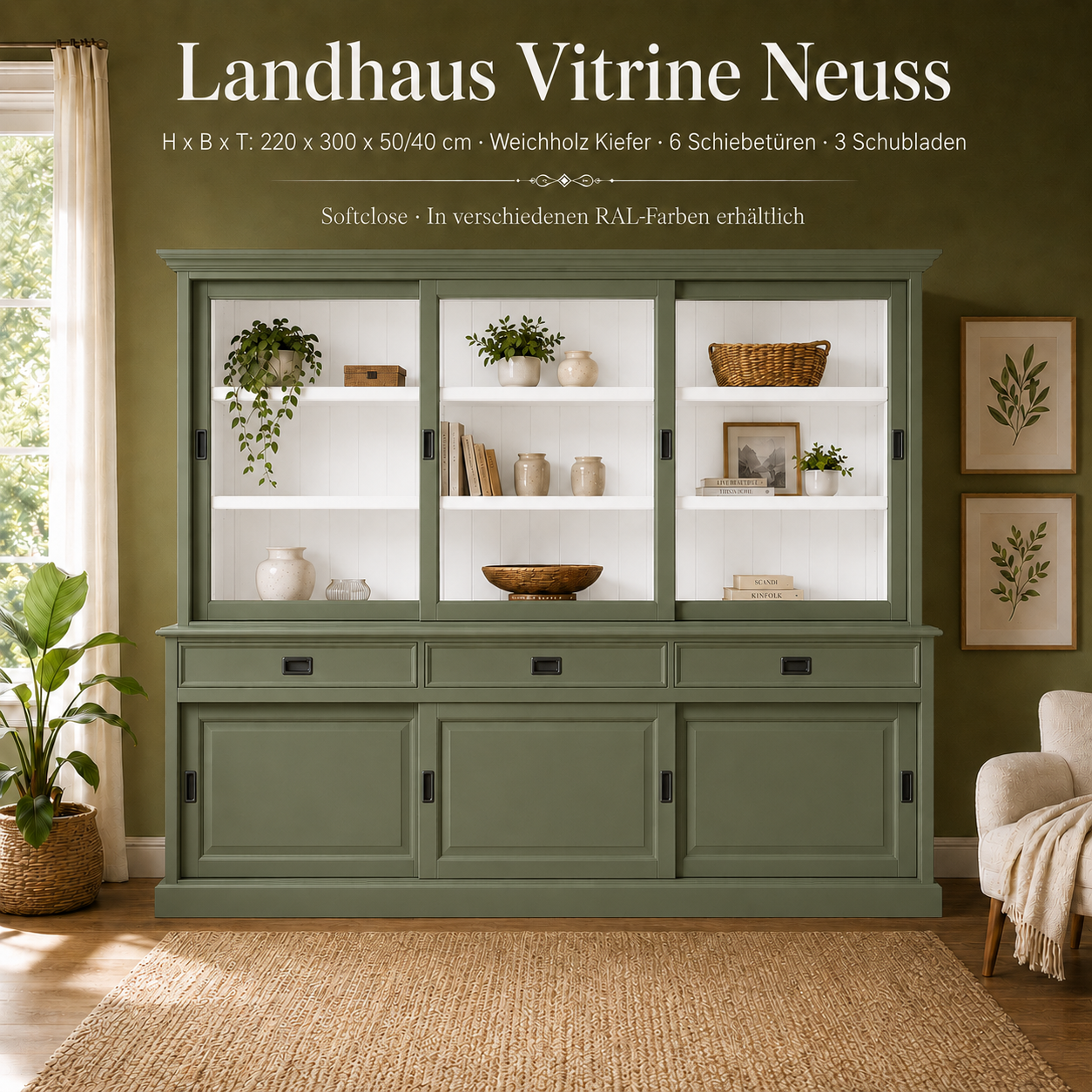 Vitrinenschrank Neuss 300 cm Resedagrün-weiß, Vitrine