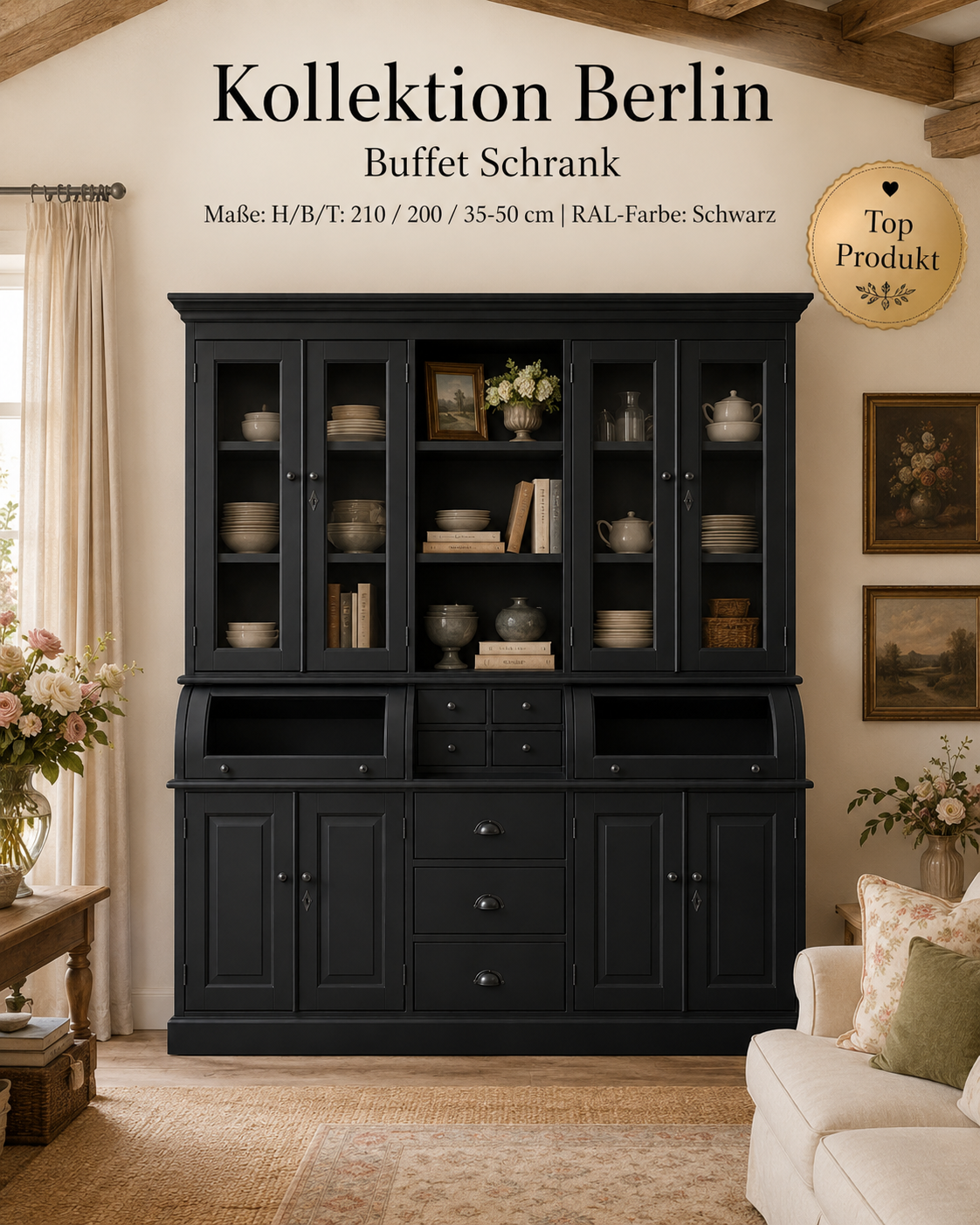 Buffet Schrank Berlin  200 cm im Landhausstil – Schwarz 200 cm