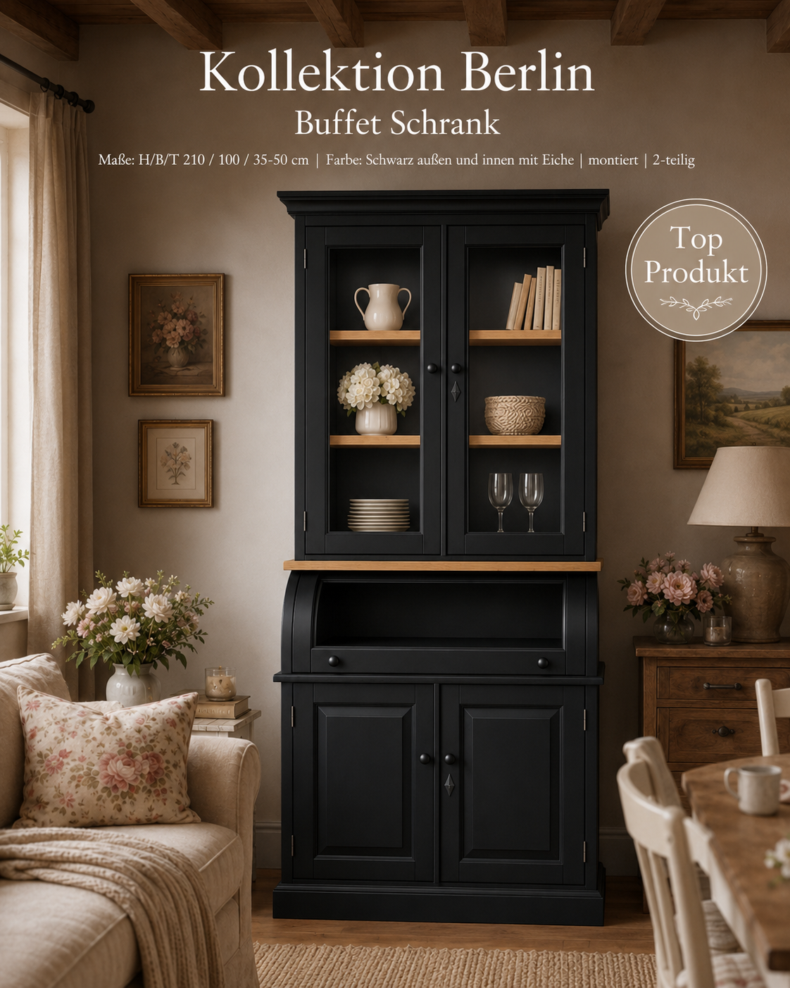 Buffet Schrank Berlin 100 cm mit Eiche schwarz Landhaus- Stil
