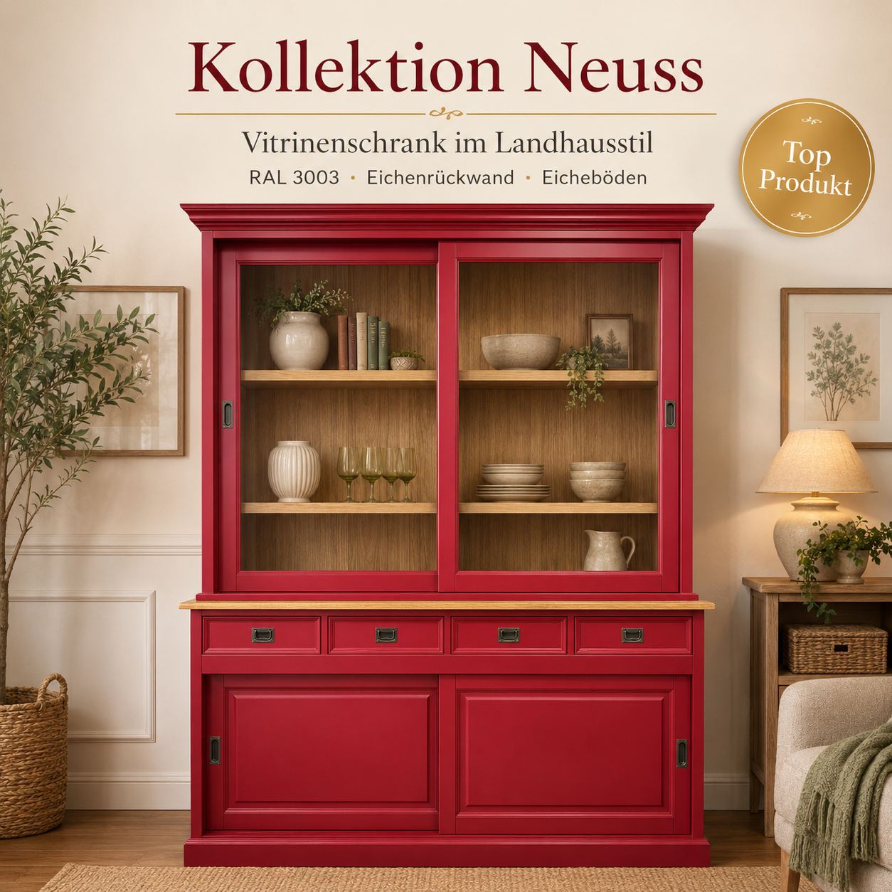Landhaus Vitrinen Schrank Neuss 180 cm Rot mit Eichenrückwand