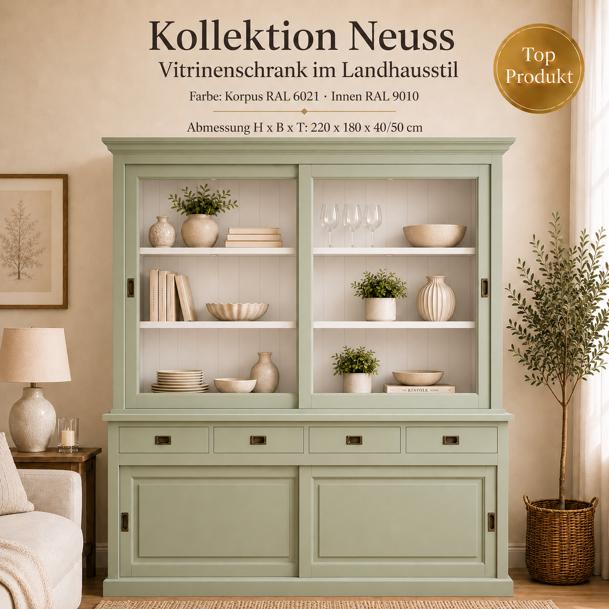 Vitrinen Schrank Neuss 180 cm blassgrün - Vitrine mit Schiebetüren