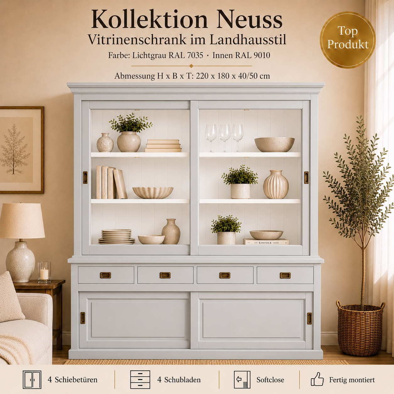 Vitrinen Schrank Neuss 180 cm Lichtgrau - Vitrine mit Schiebetüren