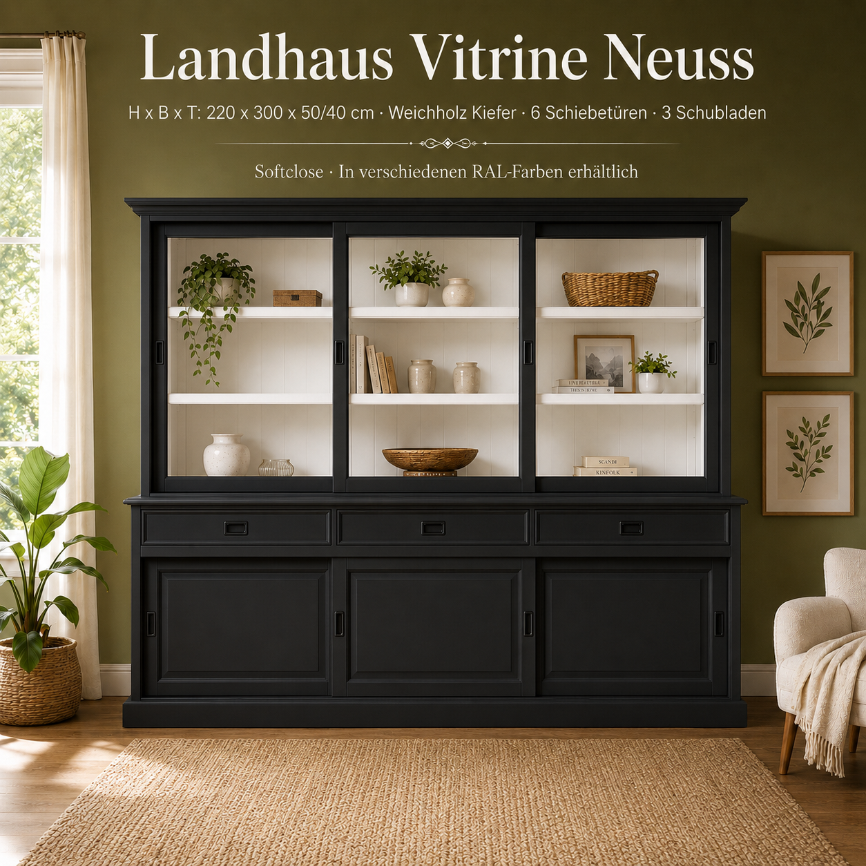 Vitrinenschrank Neuss 300 cm schwarz-weiß, Vitrine