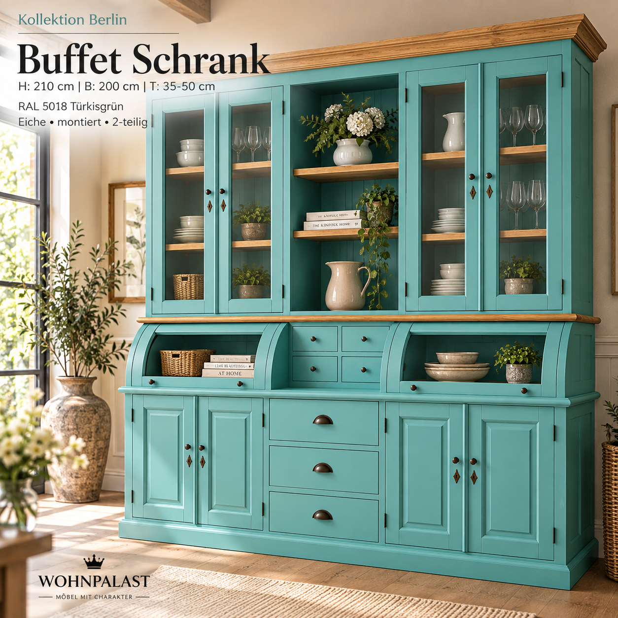Buffet Schrank Berlin 200 cm türkisblau mit Eiche