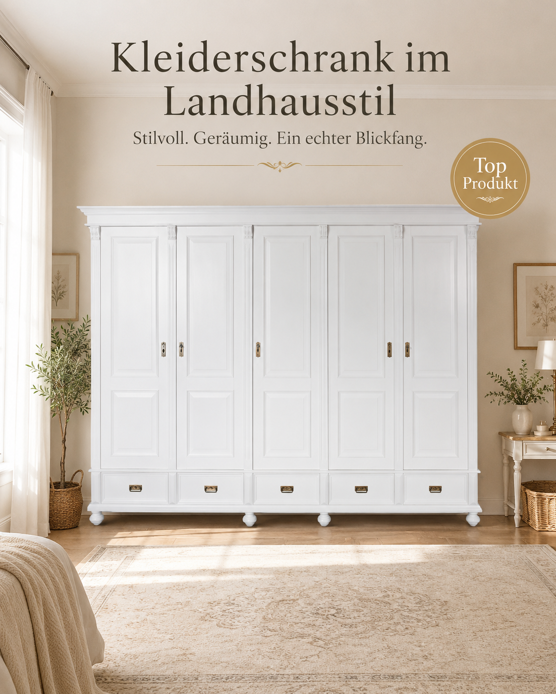 Premium Landhaus Kleiderschrank 5 Türig Massivholz zerlegbar