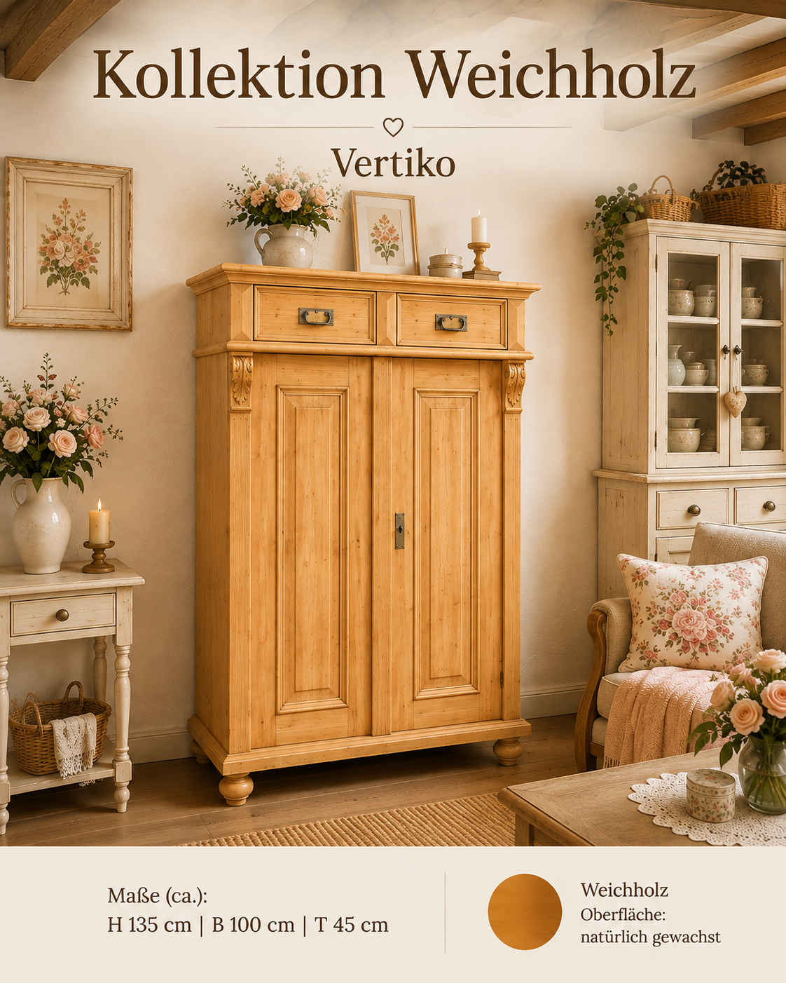 Premium Jugendstil Vertiko aus Weichholz – 100 cm gewachst, Landhaus-Stil