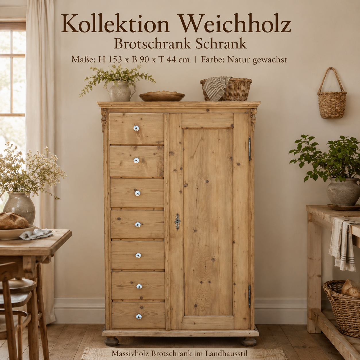 Massivholz Brotschrank Kiefer Natur gewachst  7 Schubladen & Porzellanknöpfe