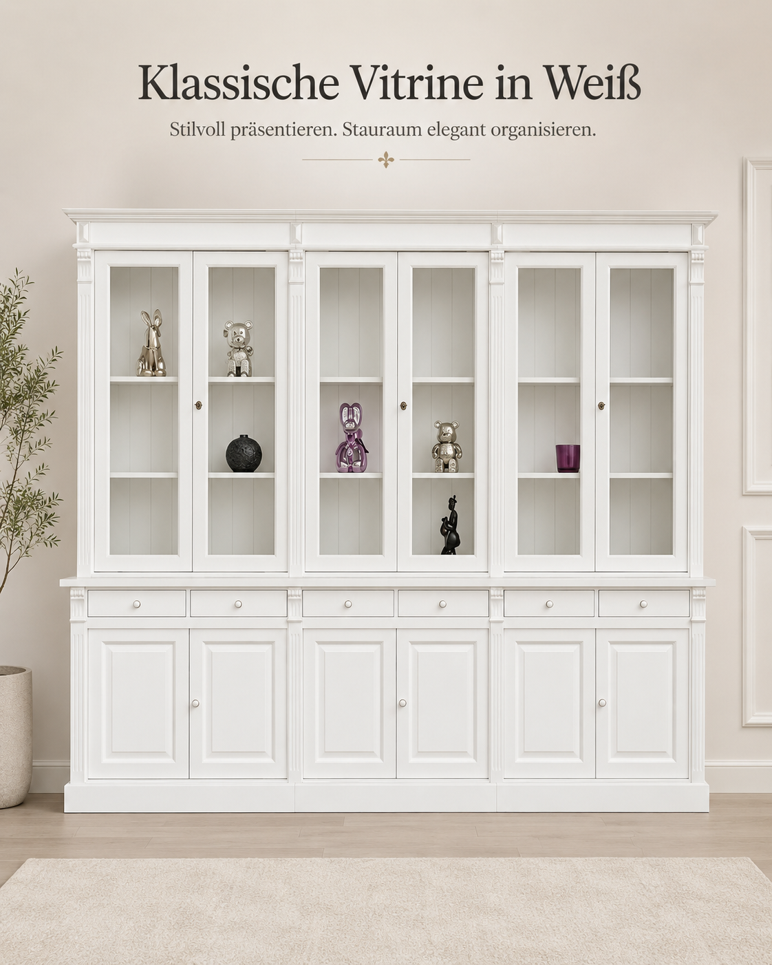 Glasvitrine im Landhausstil 300 cm, mehrteilig, Massivholz - sofort lieferbar!