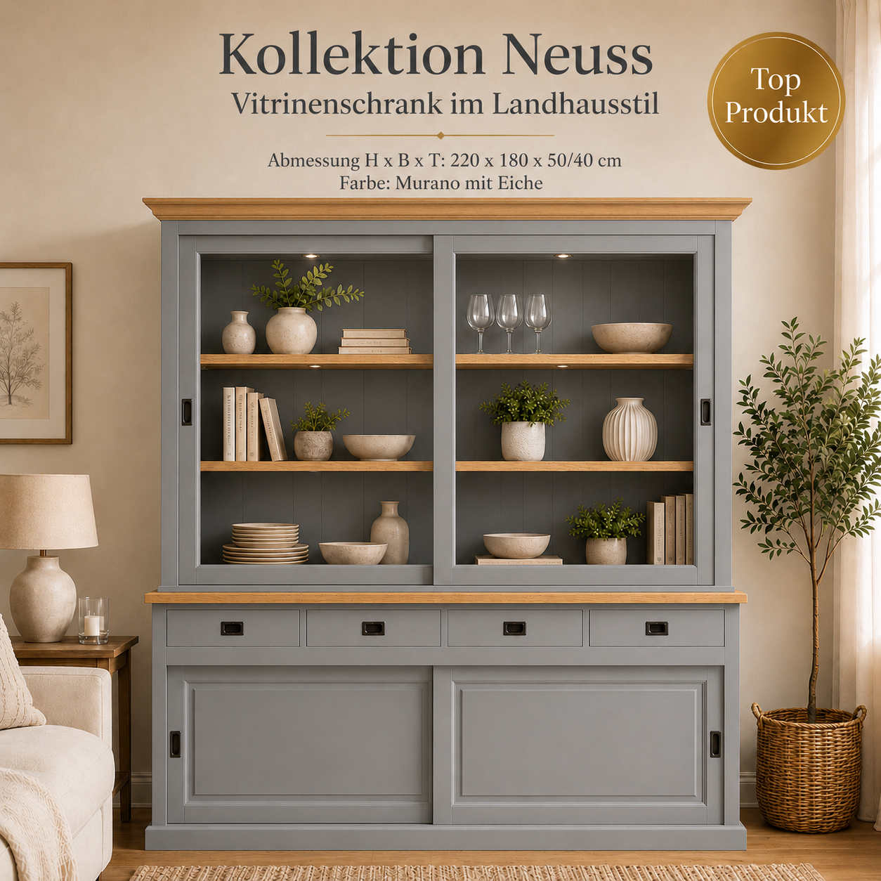 Vitrinenschrank Neuss 180 cm murano mit Eiche – Landhaus Schrank