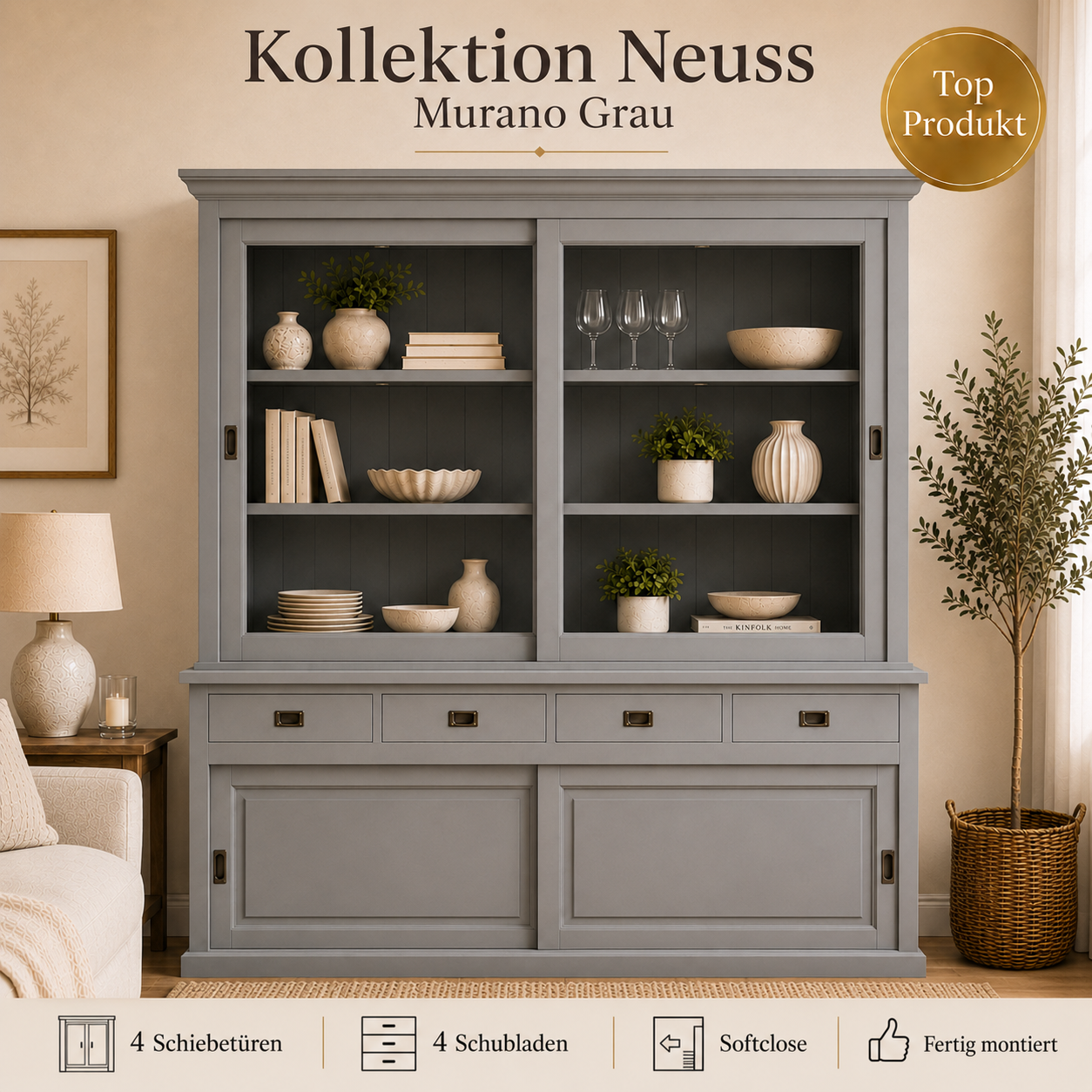Vitrinen Schrank Neuss 180 cm Murano  - Vitrine mit Schiebetüren