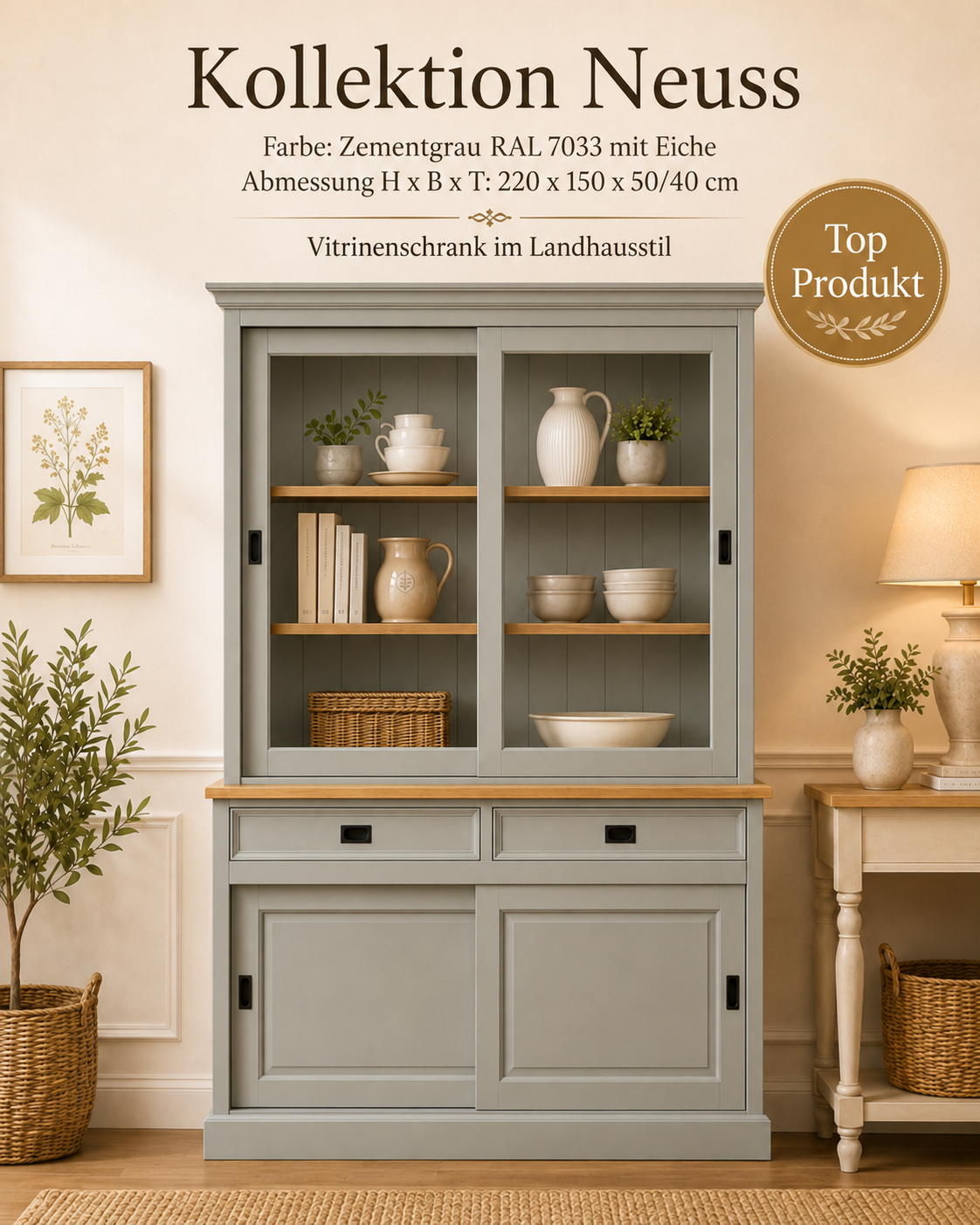 Vitrinen Schrank Neuss 150 cm Zementgrau/eiche - Buffet Schrank mit Schiebetüren