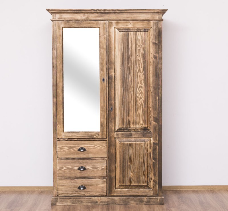 Massivholz Landhaus  Kleiderschrank - 121 cm breit mit Spiegel