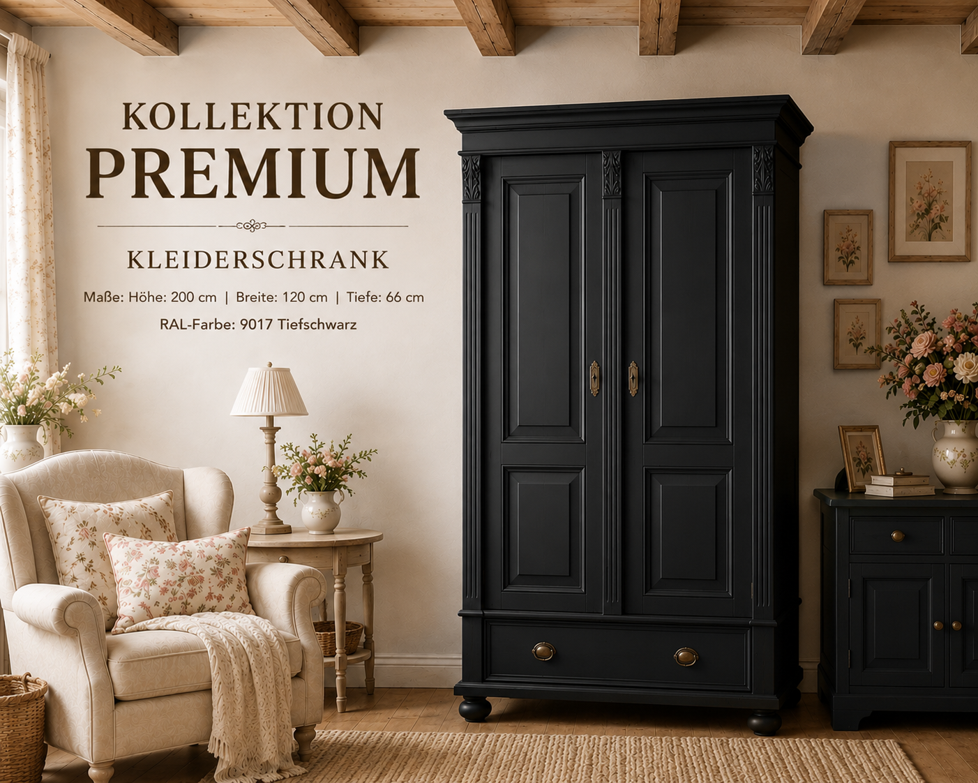 Premium 2-türiger Kleiderschrank schwarz– Weichholz, Landhausstil 120 cm
