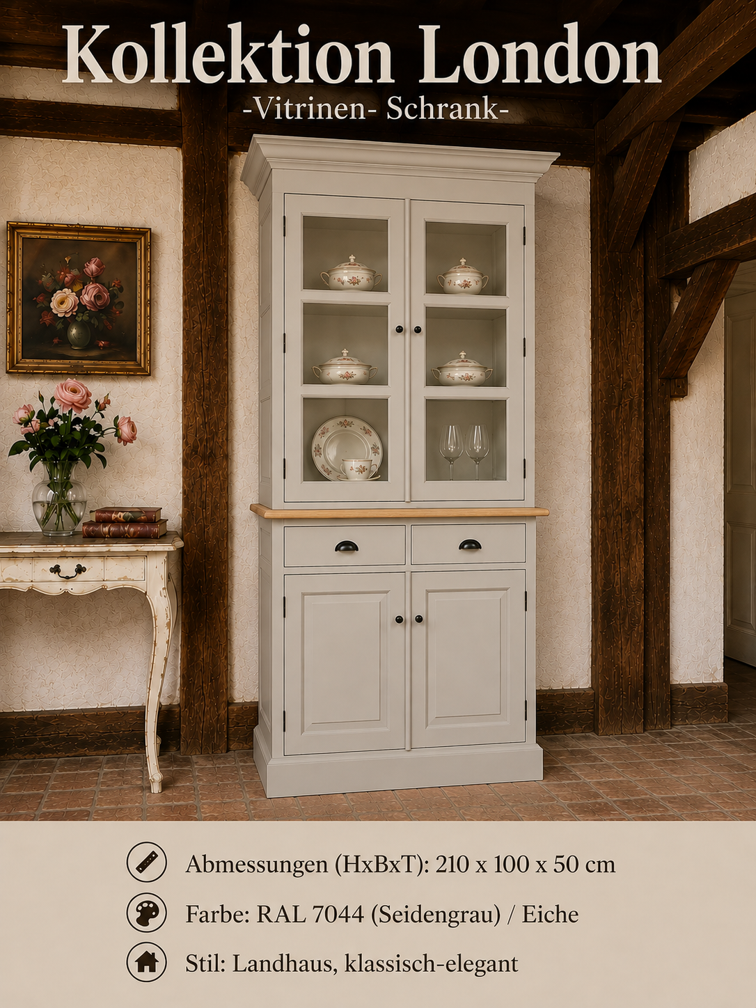 Vitrinen Schrank London Seidengrau RAL 7044  mit Eichenplatte – Landhausstil, 100 cm breit