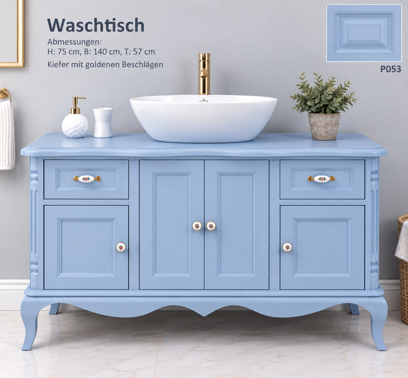 Badezimmerschrank 140 cm mit geschwungenen Füssen für 1 Waschbecken - Badezimmermöbel