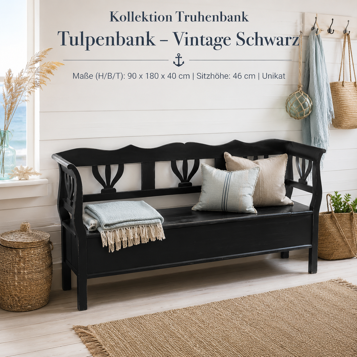 Truhenbank Tulpe aus Weichholz lackiert 180 cm schwarz