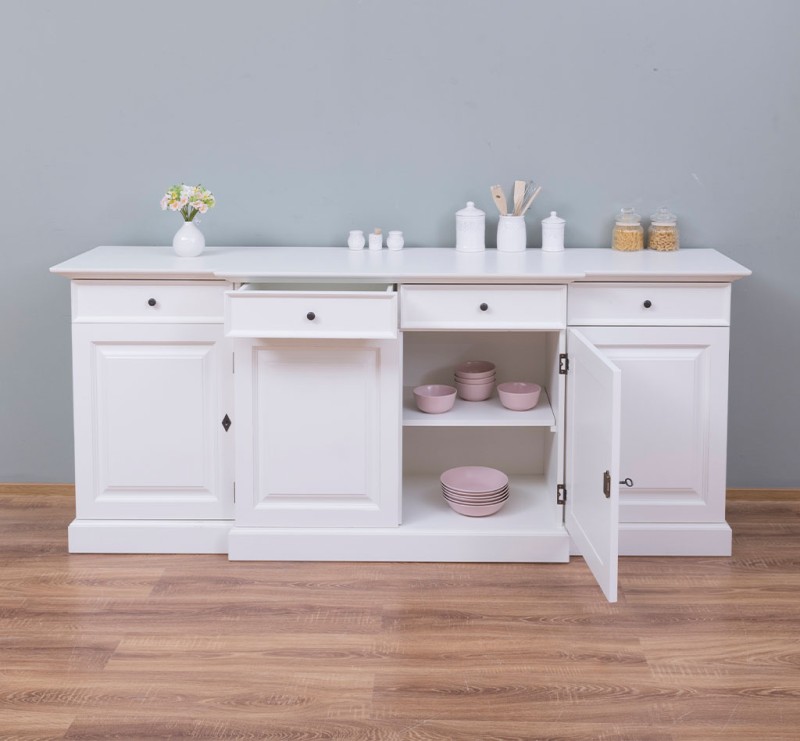 Landhaus Sideboard - weiß mit vier Türen und Schubladen, 215 cm breit