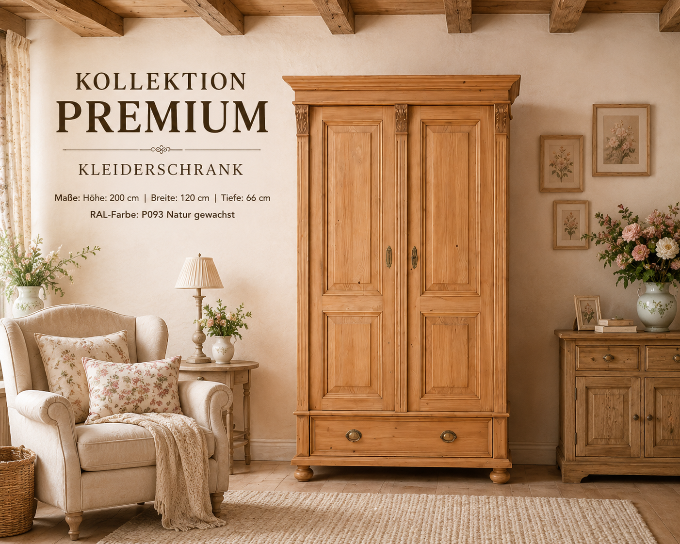 Premium 2-türiger Kleiderschrank gewachst– Weichholz, Landhausstil 120 cm