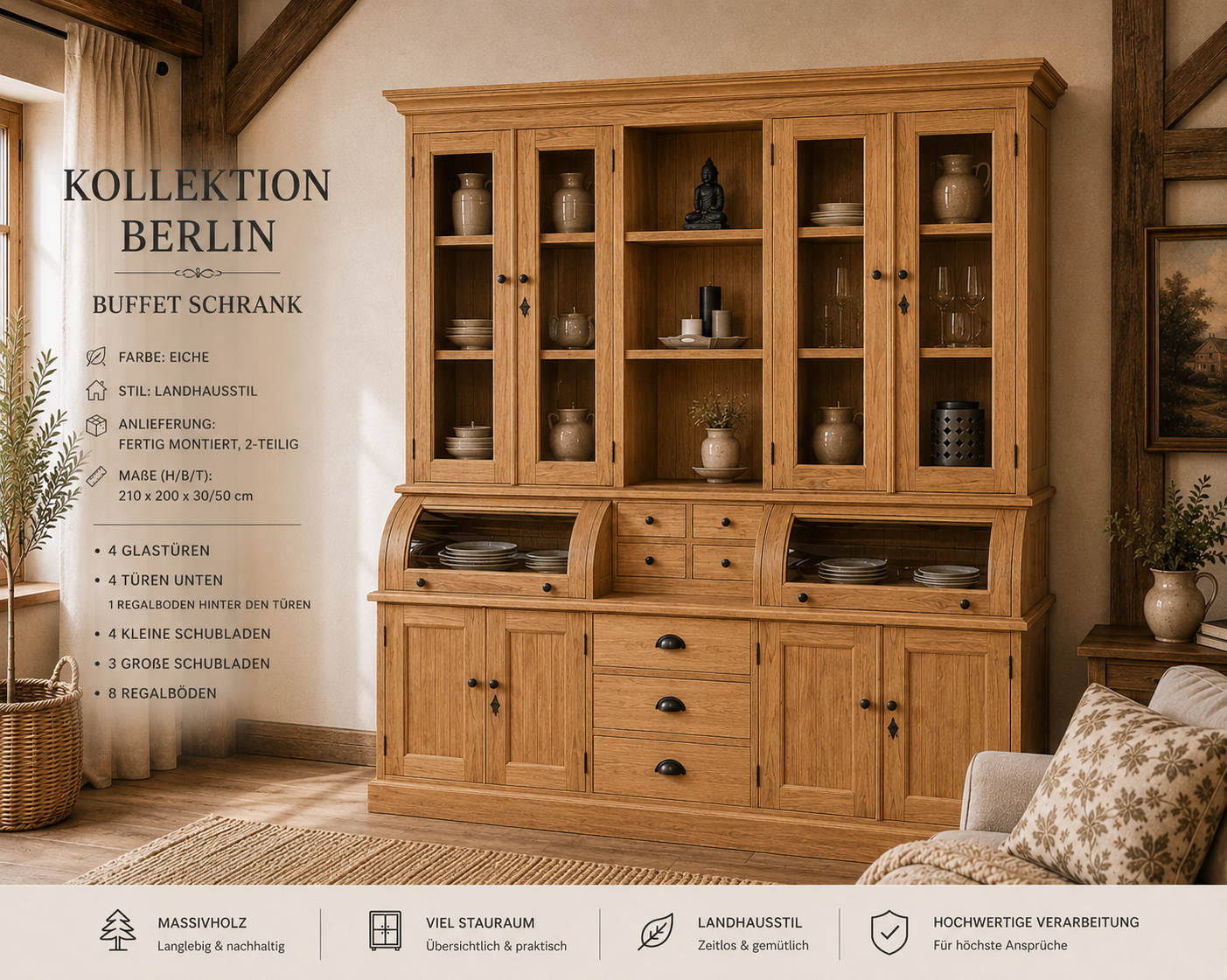 Massiver Eichen Buffet-Schrank im Landhausstil – 200 cm breit