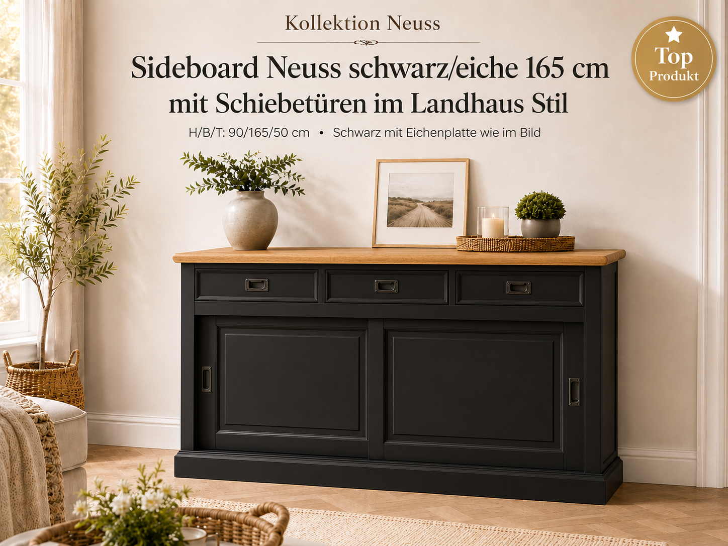 Sideboard Neuss 165 cm schwarz/eiche - Anrichte Landhaus Kommode mit Schiebetüren