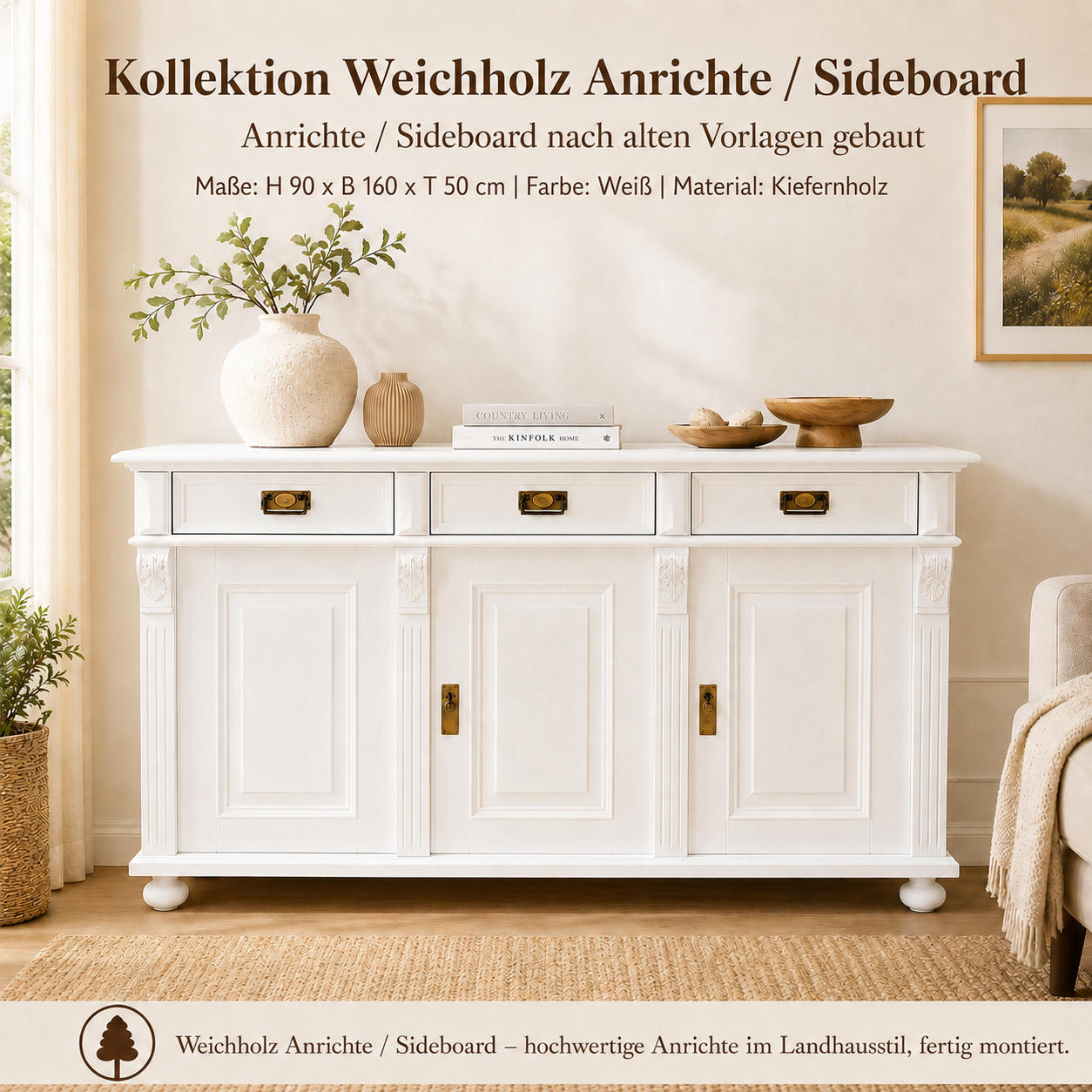 Premium Landhaus Sideboard – 3 Schubladen & 3 Türen, Weichholz Handarbeit nach alten Vorlagen