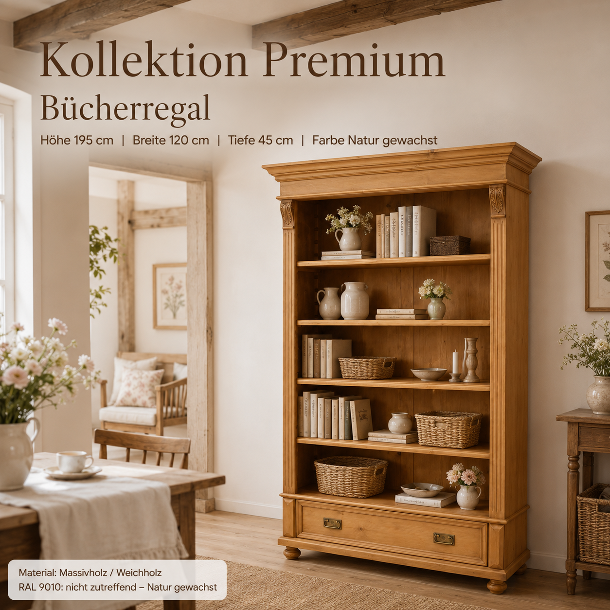 Premium Bücherregal Massivholz – Landhausstil, gewachst, Handarbeit