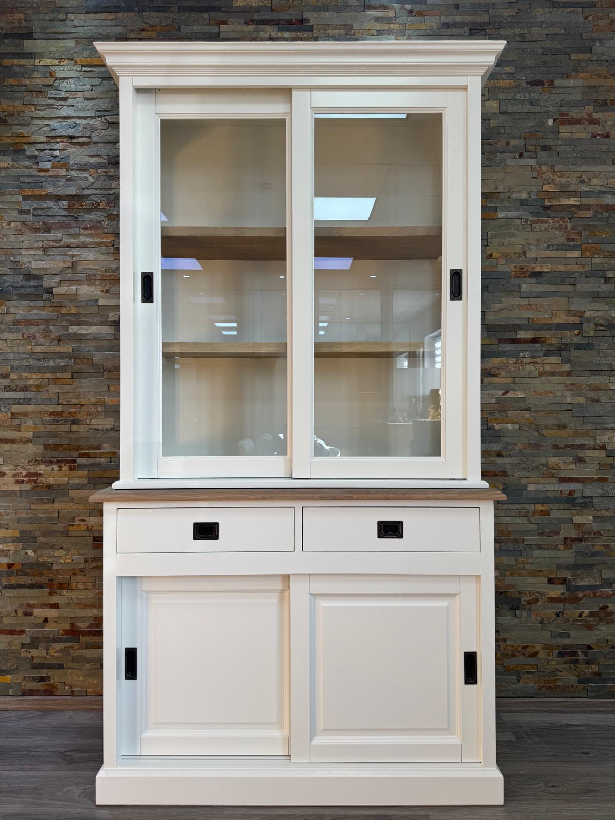 Vitrinen Schrank Neuss 120 cm weiß/eiche - Buffet Schrank mit Schiebetüren