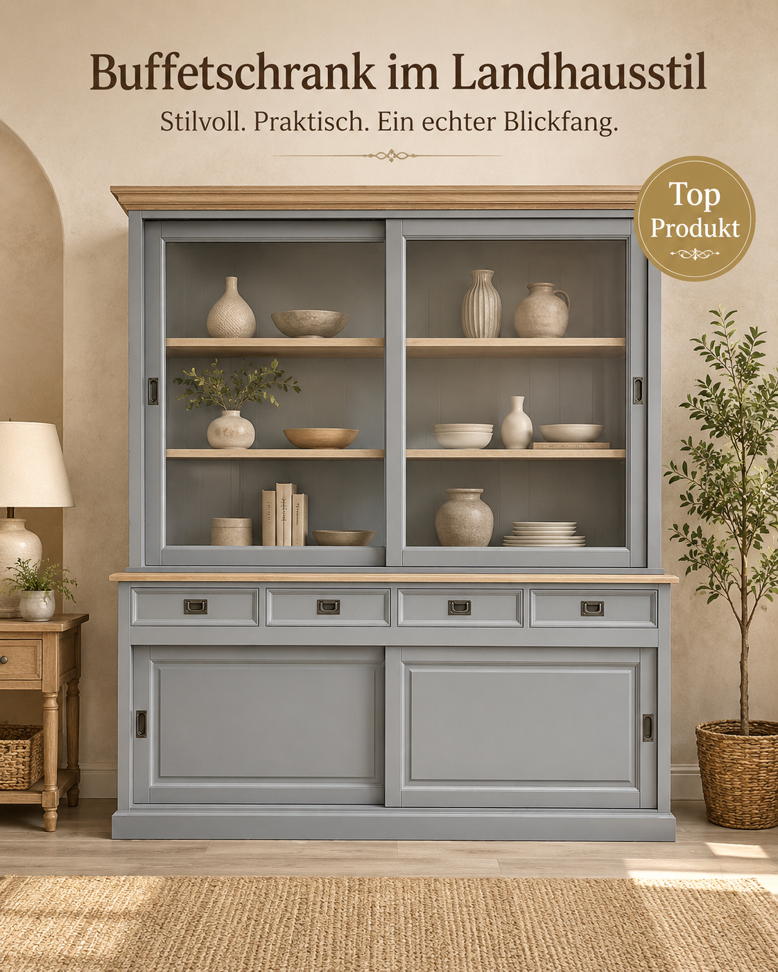 Vitrinenschrank Neuss grau/eiche 200 cm - Glasvitrine Wohnzimmer Vitrine