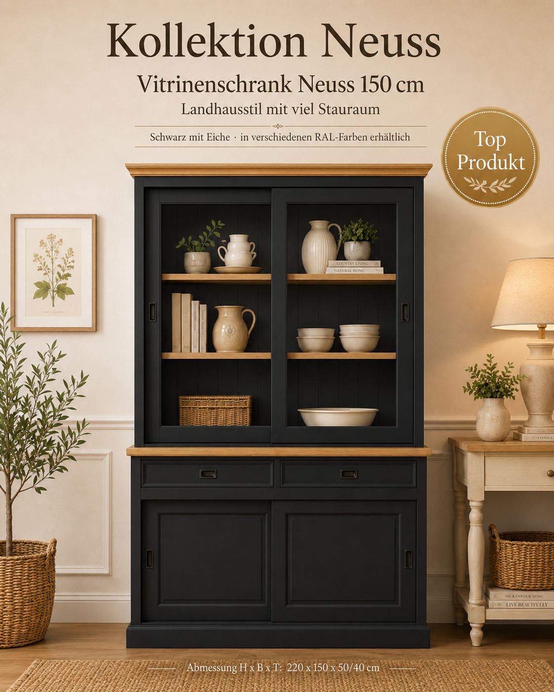 Vitrinen Schrank Neuss 150 cm schwarz/eiche - Buffet Schrank mit Schiebetüren