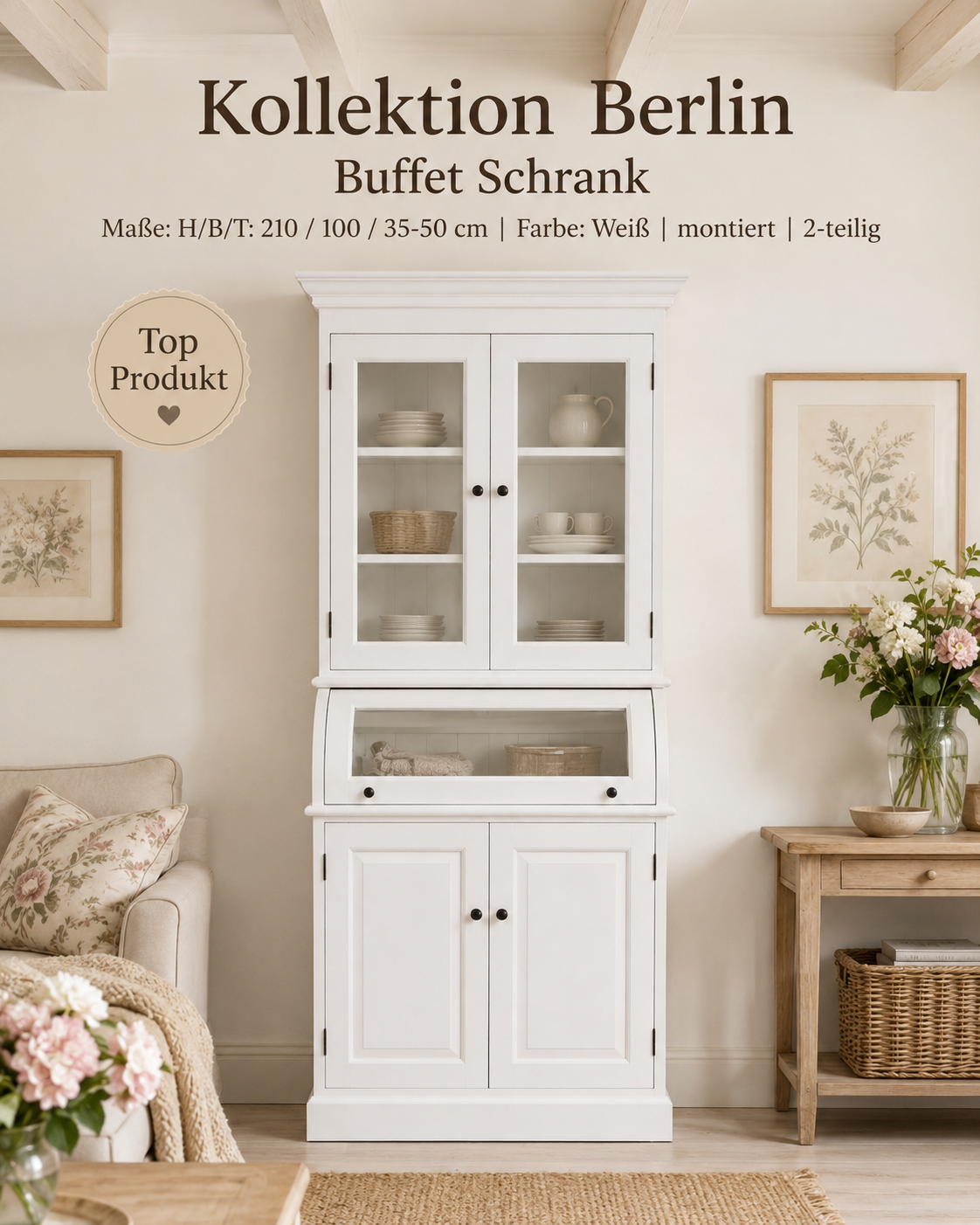 Buffet Schrank Berlin 100 cm weiß Landhaus- Stil