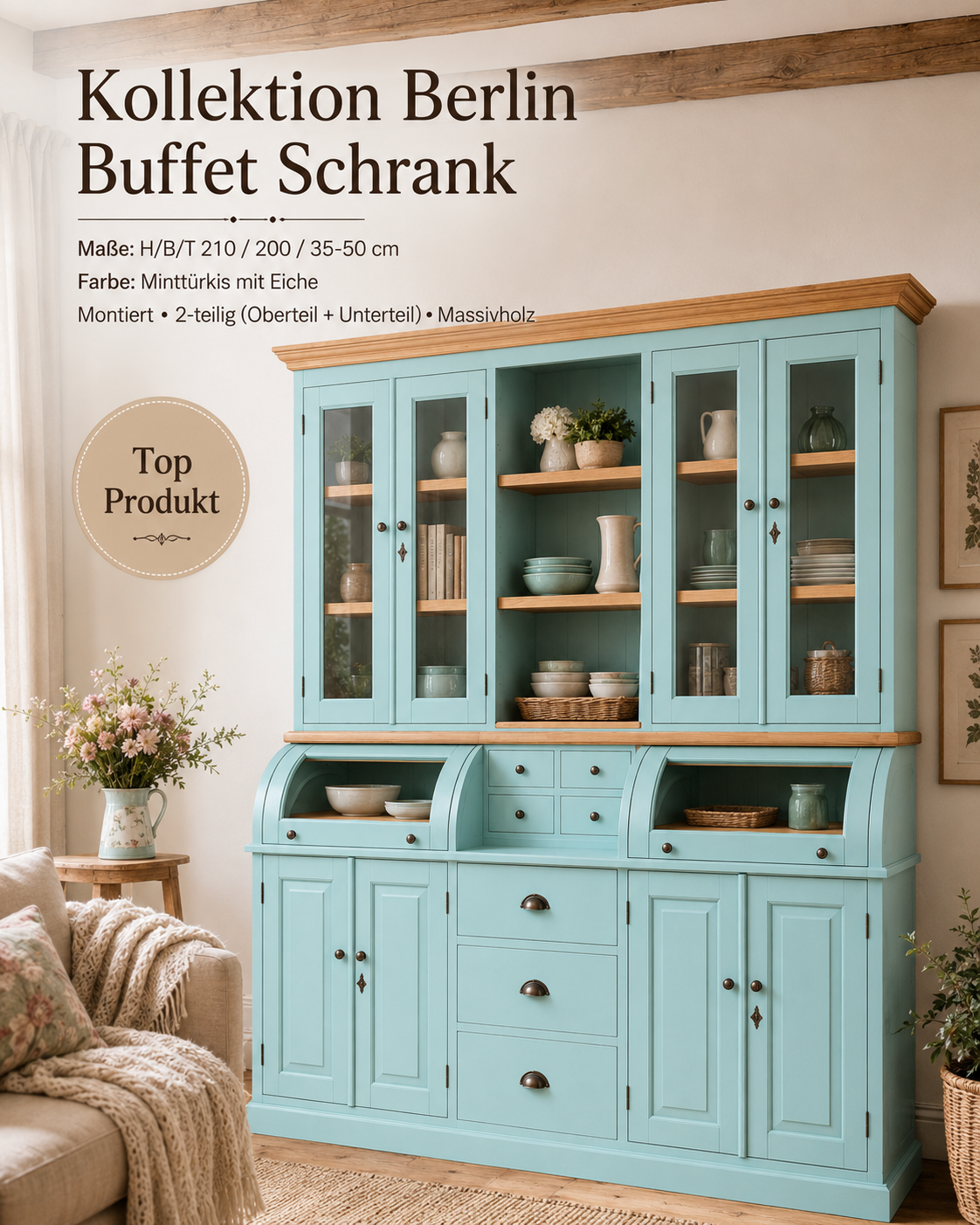 Buffet Schrank Berlin 200 cm pastelltürkis mit Eiche