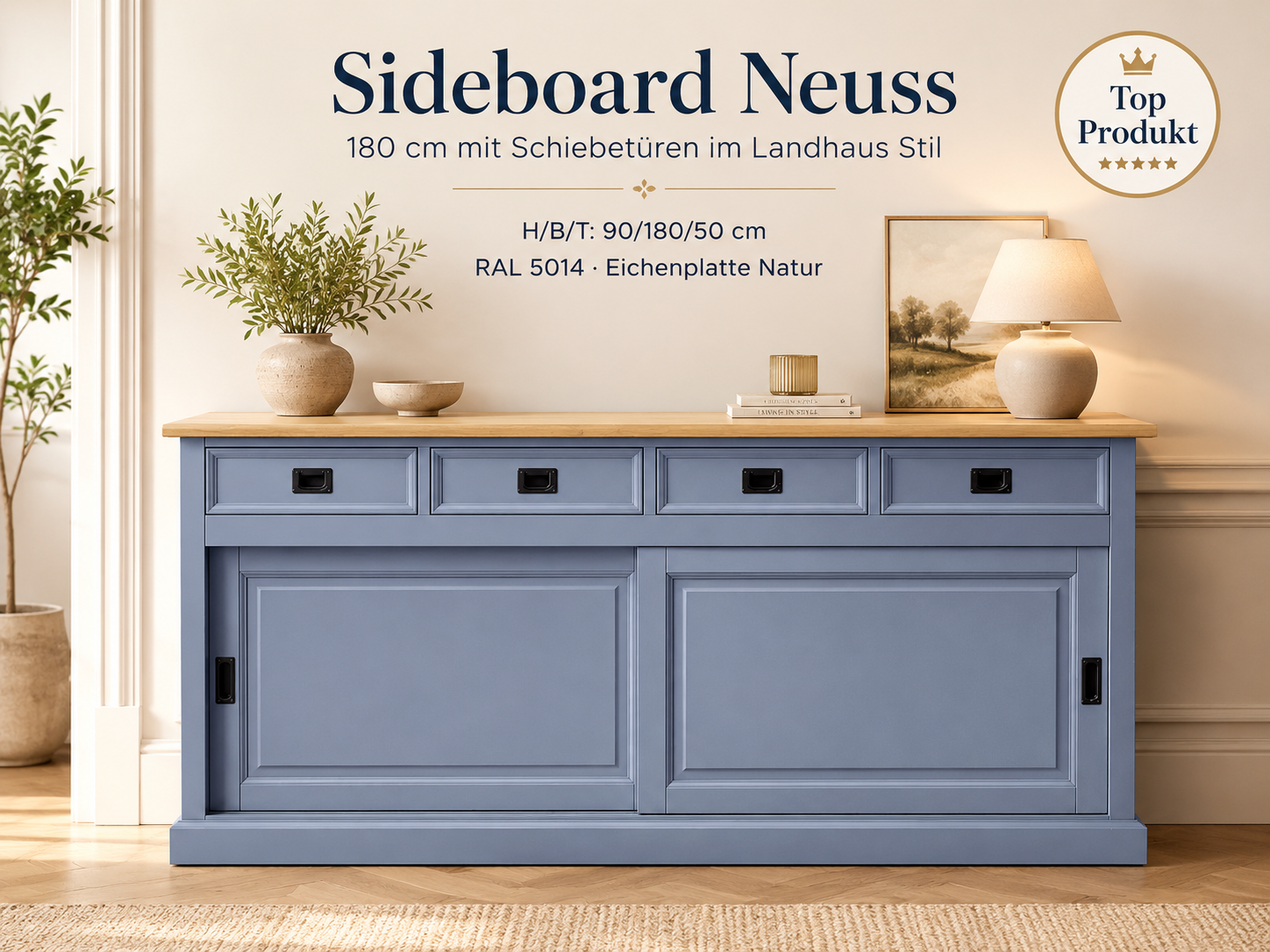 Sideboard Neuss taubenblau/eiche 180 cm mit Schiebetüren im Landhaus Stil