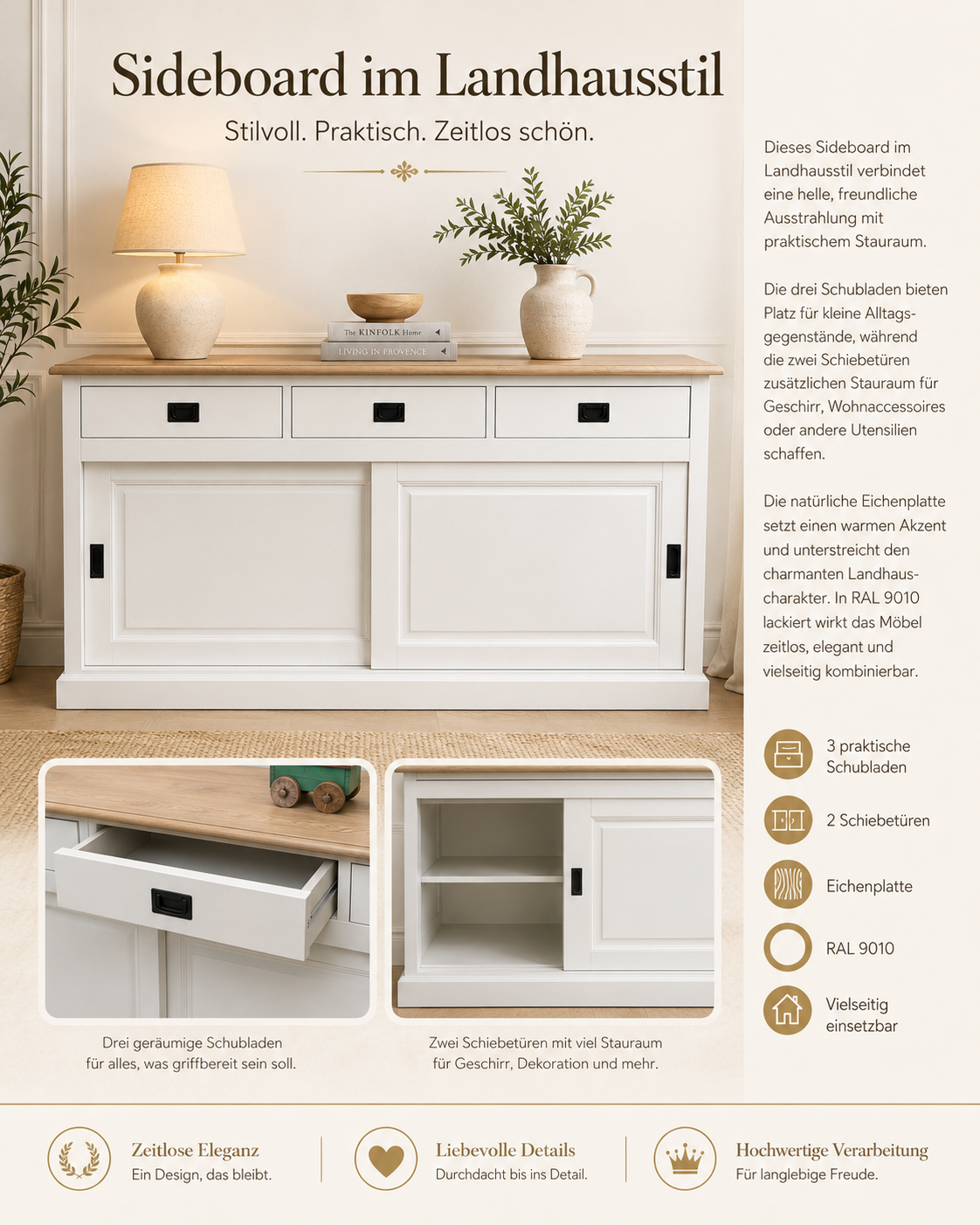Sideboard Neuss 165 cm weiß/eiche - Anrichte Landhaus Kommode mit Schiebetüren