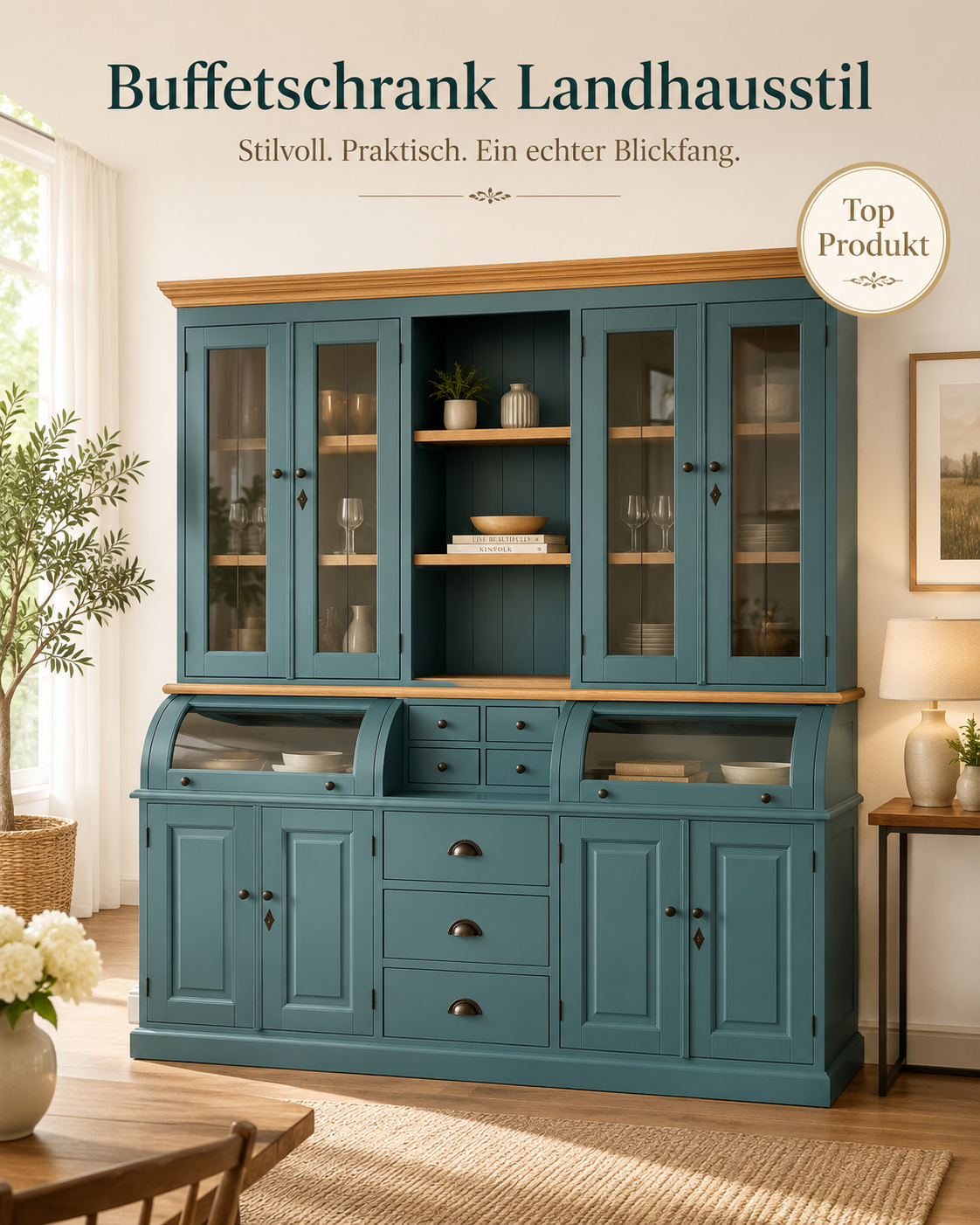 Landhaus Buffet Schrank Berlin 200 cm Wasserblau mit Eiche- Landhaus Möbel